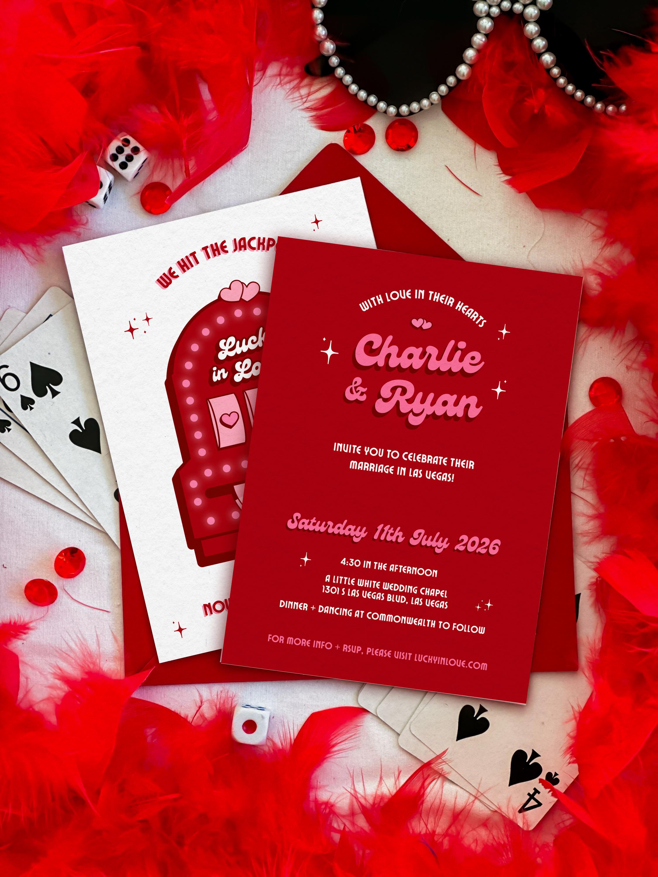Retro Vegas Wedding Invitation: Lucky in Love Slot Machine (DIY Canva Template, Digital Download)