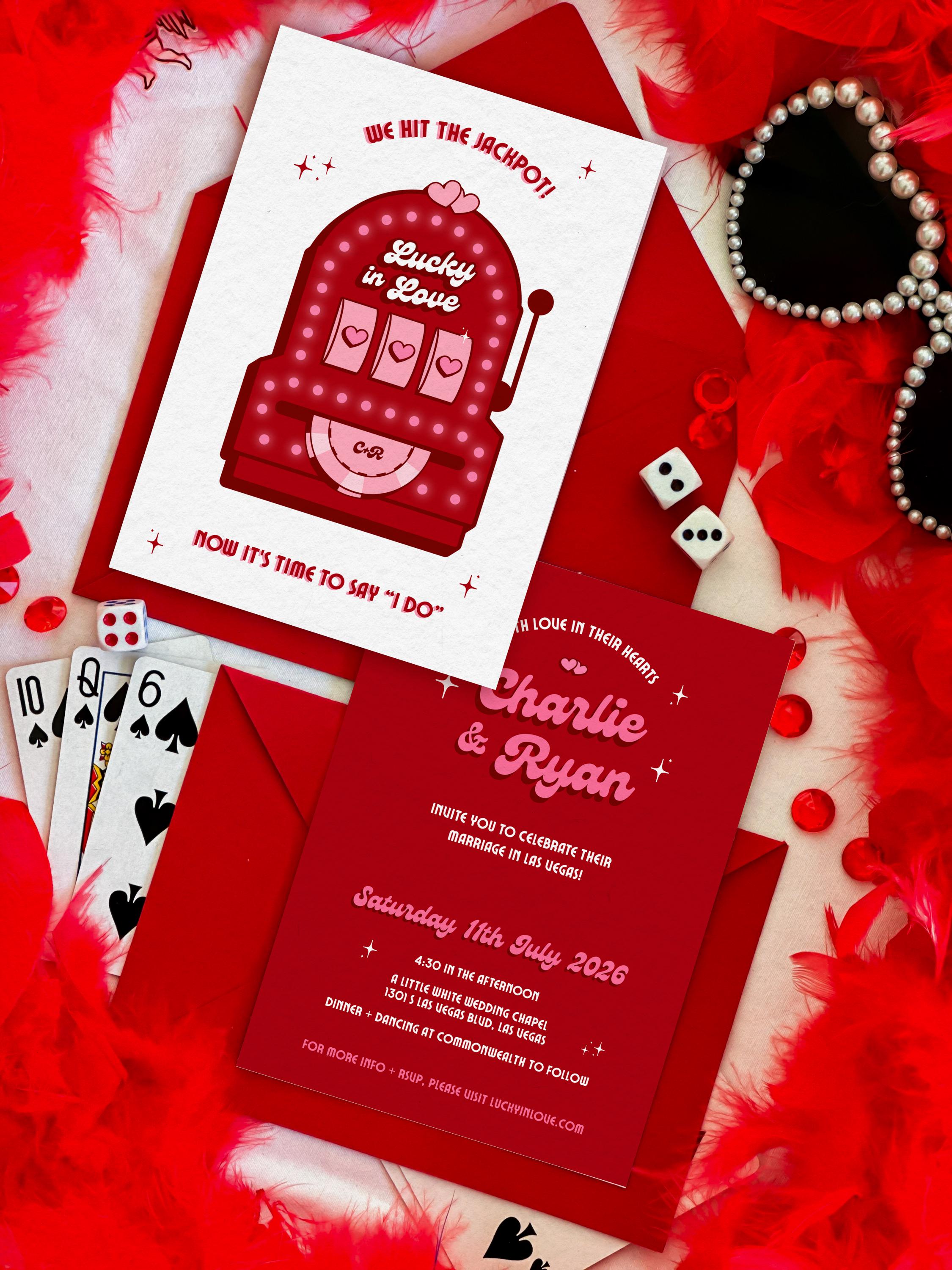 Retro Vegas Wedding Invitation: Lucky in Love Slot Machine (DIY Canva Template, Digital Download)