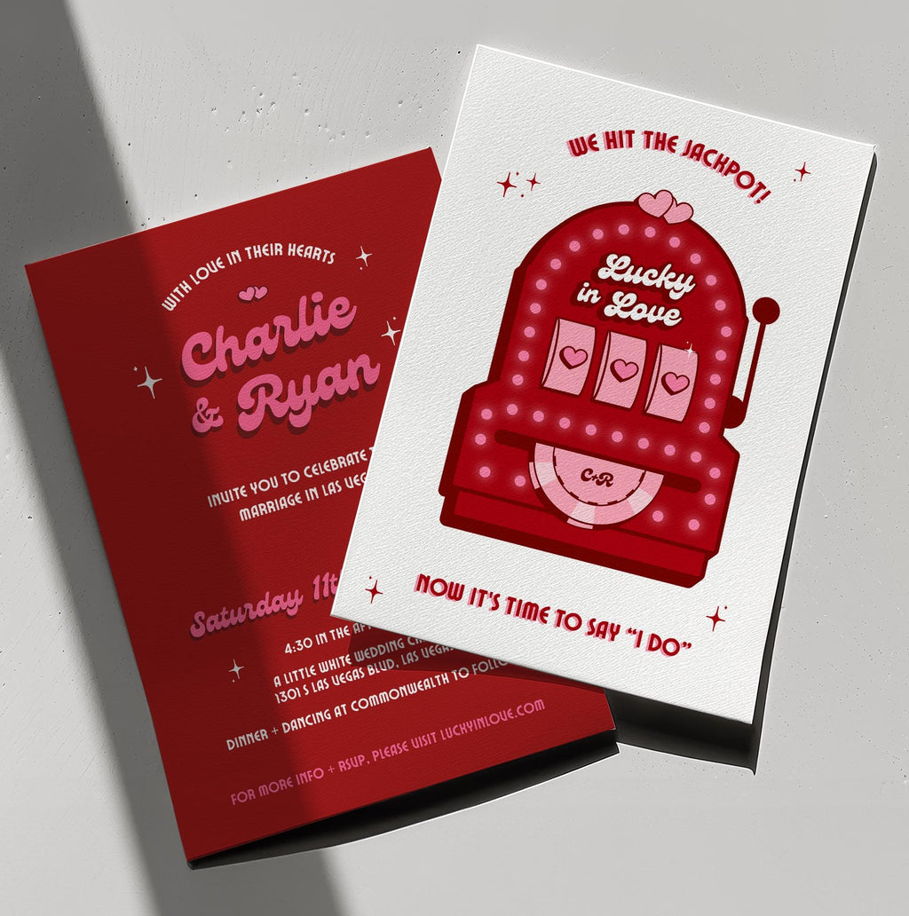 Retro Vegas Wedding Invitation: Lucky in Love Slot Machine (DIY Canva Template, Digital Download)