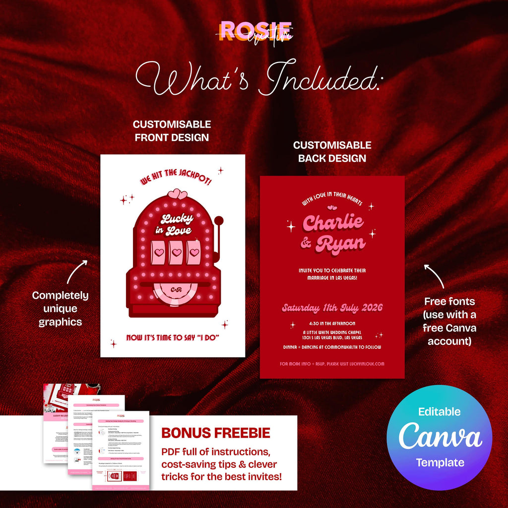 Retro Vegas Wedding Invitation: Lucky in Love Slot Machine (DIY Canva Template, Digital Download)