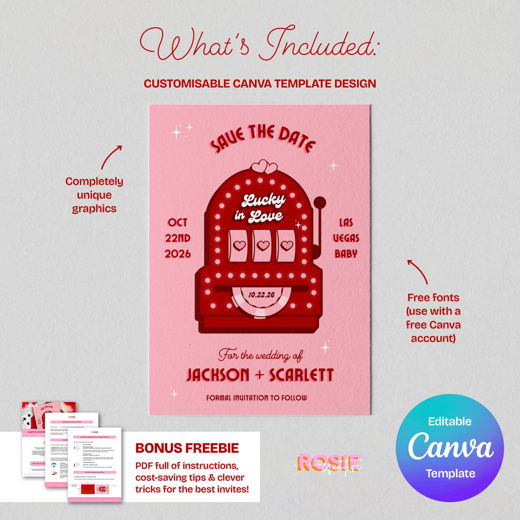 Retro Vegas Save the Date: Lucky in Love Elopement Invite (DIY Canva Template, Digital Download)