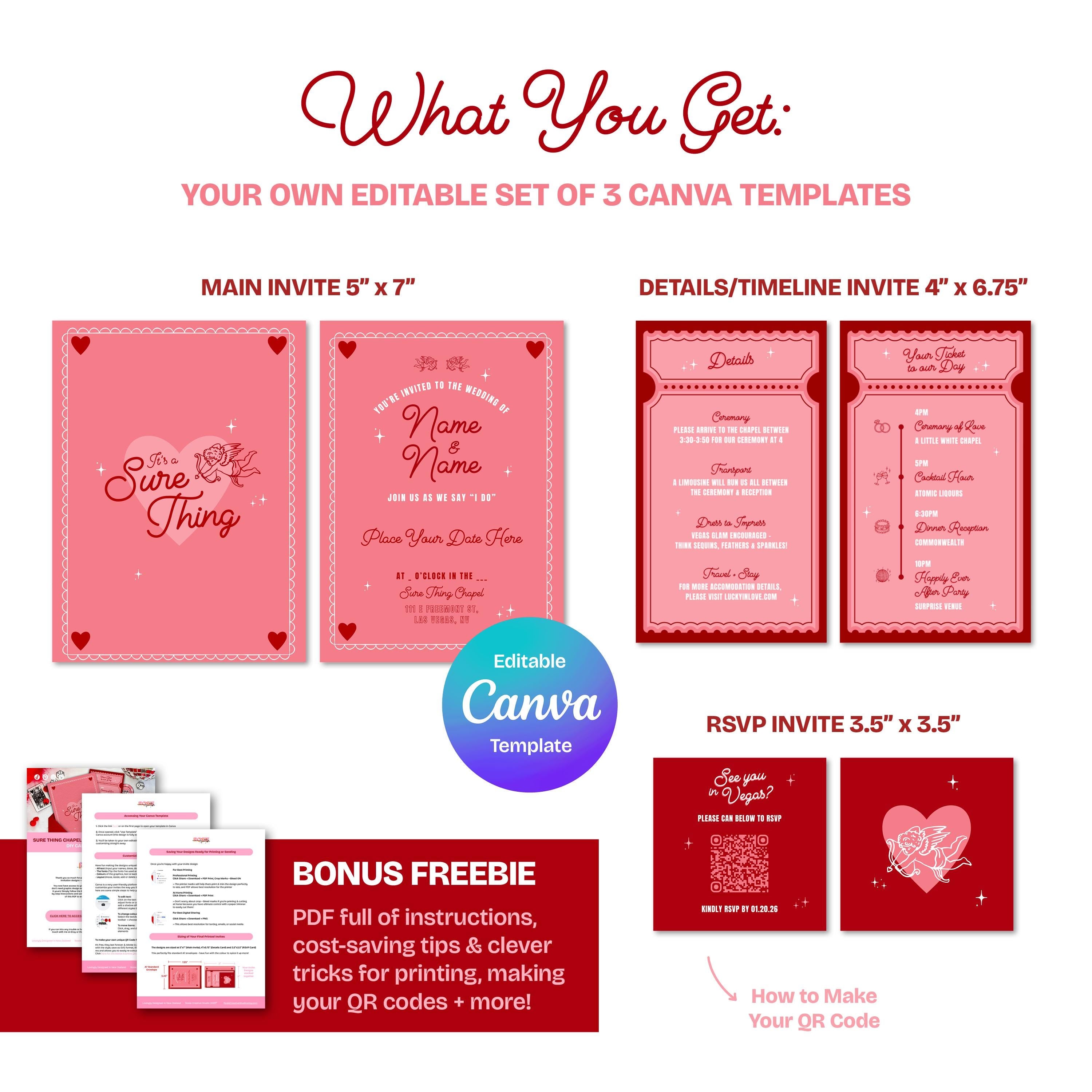 Vegas Wedding Invitation Suite Designs: Sure Thing Chapel Theme (DIY Canva Template, Digital Download)