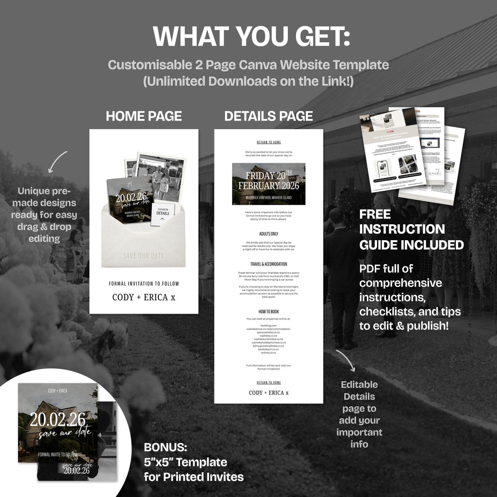 Minimalist Ivory Save the Date Website with Details Page: Canva Digital Invitation Template (Digital Download)