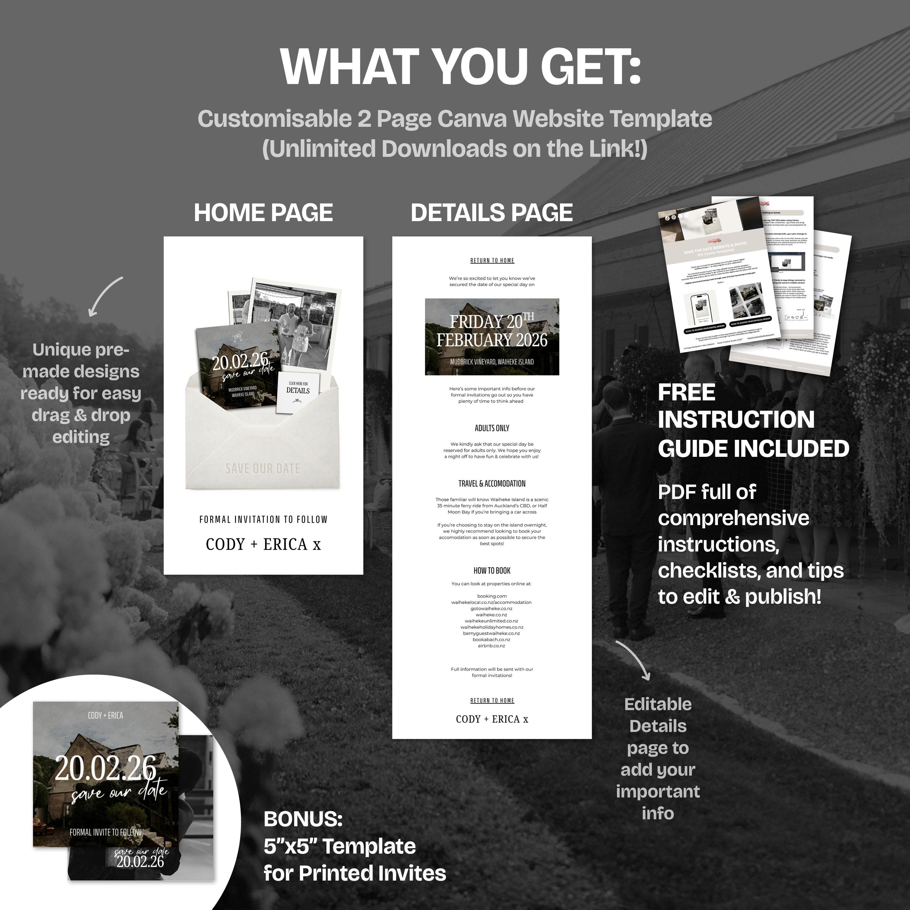 Minimalist Ivory Save the Date Website with Details Page: Canva Digital Invitation Template (Digital Download)