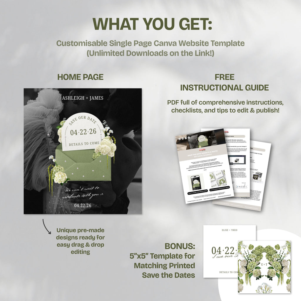 Sage Floral Save the Date Website: Canva Digital Invitation Template (Digital Download)