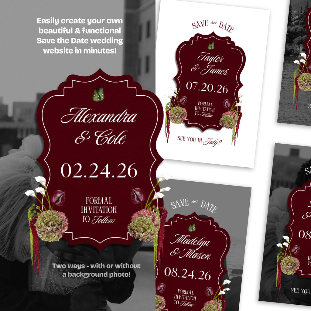 Burgundy Floral Save the Date Website: Canva Digital Invitation Template (Digital Download)