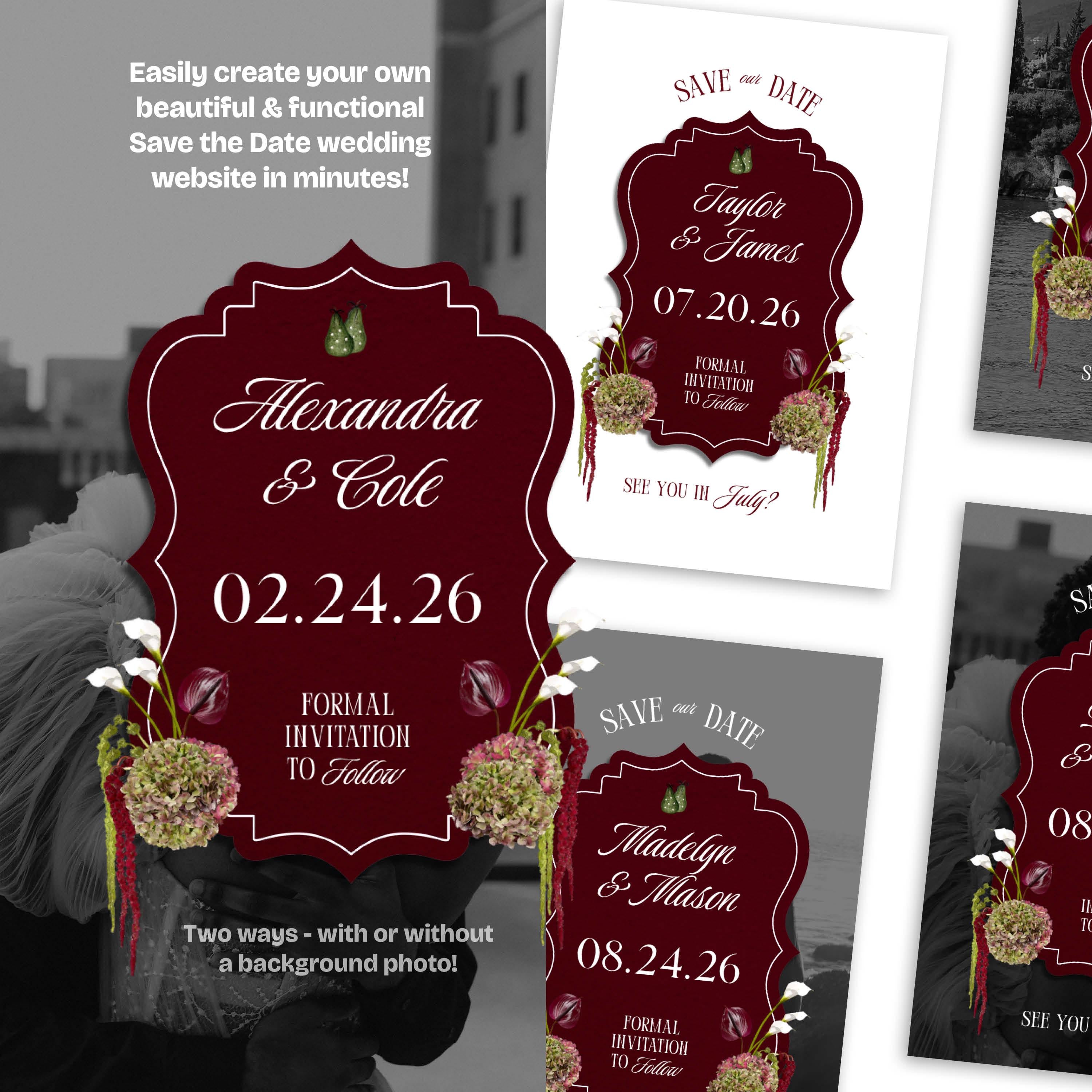 Burgundy Floral Save the Date Website: Canva Digital Invitation Template (Digital Download)