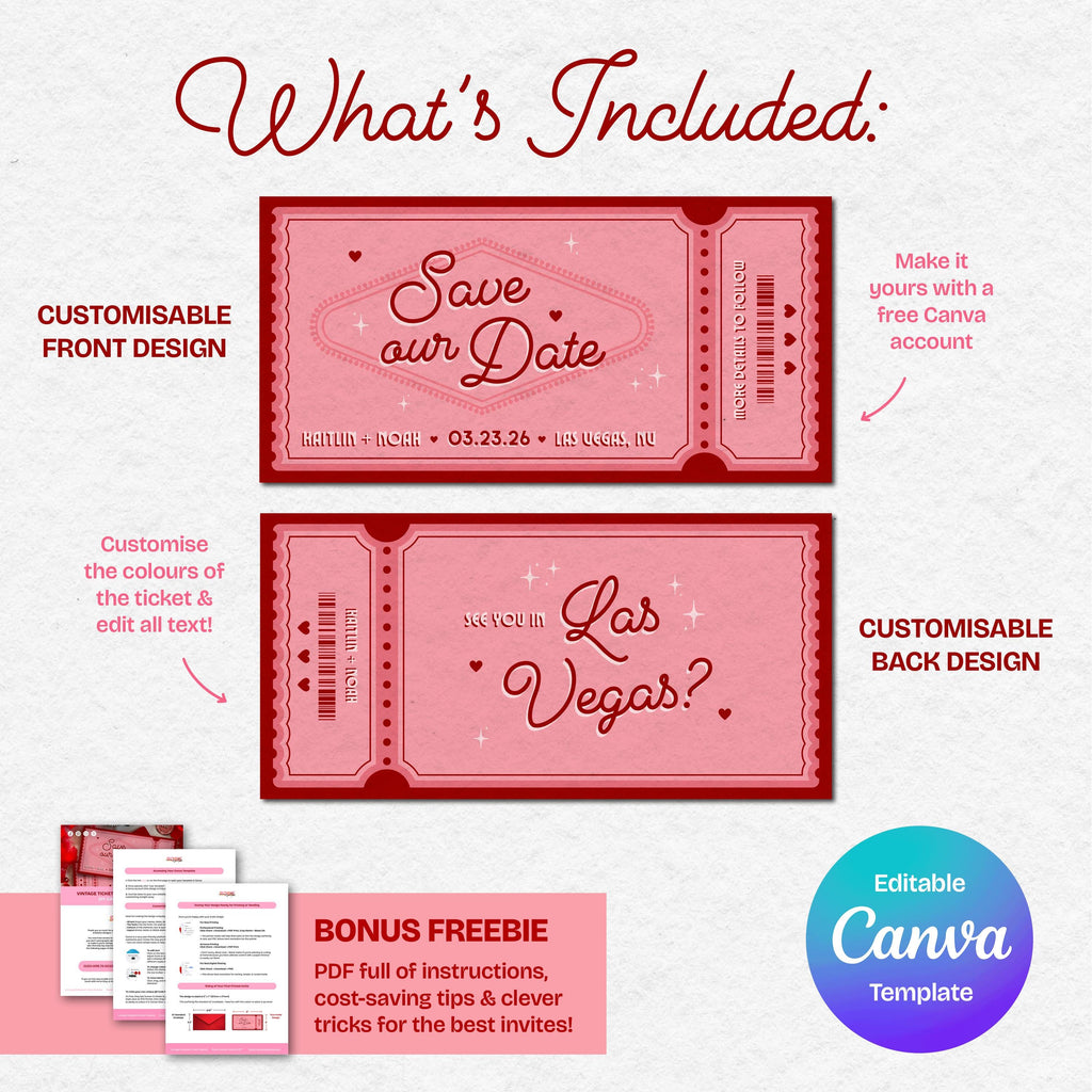 Retro Vegas Ticket Save the Date: Elopement Invitation (DIY Canva Template, Digital Download)