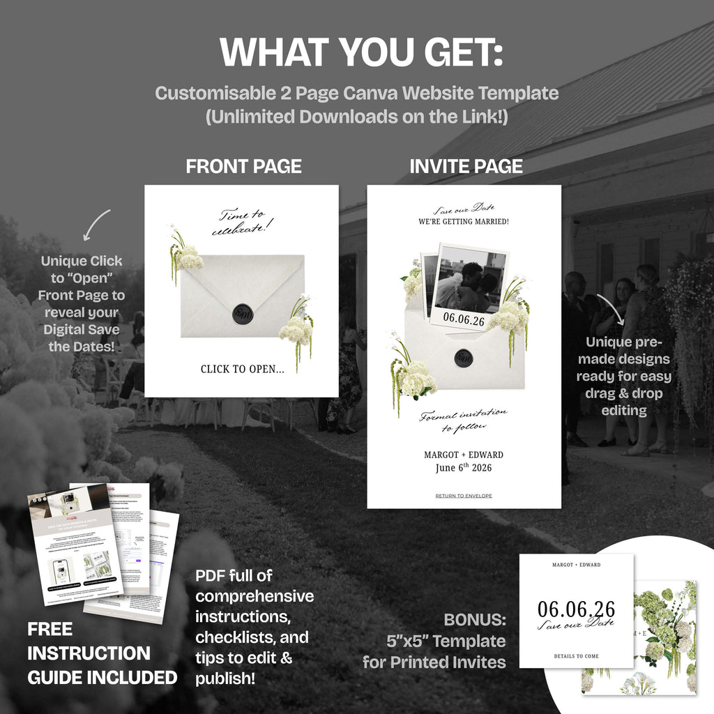 Ivory White & Green Floral Save the Date Website: Canva Digital Invitation Template (Digital Download)