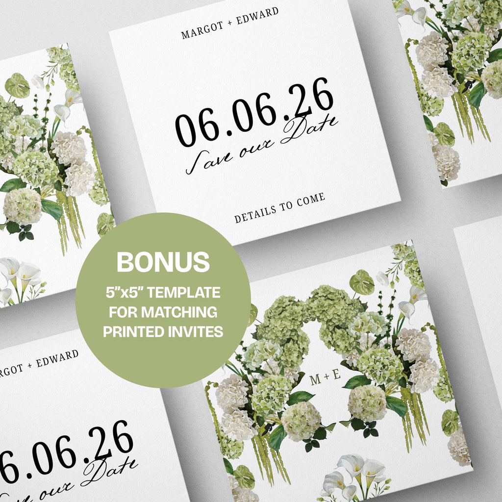 Ivory White & Green Floral Save the Date Website: Canva Digital Invitation Template (Digital Download)