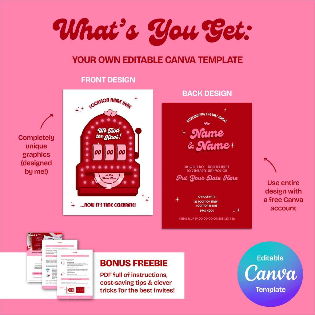 Retro Vegas Elopement Announcement: Slot Machine Invitation (DIY Canva Template, Digital Download)