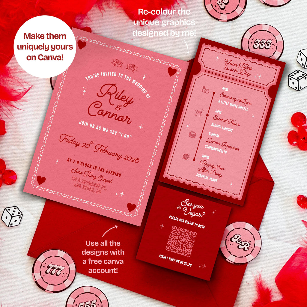 Vegas Wedding Invitation Suite Designs: Sure Thing Chapel Theme (DIY Canva Template, Digital Download)