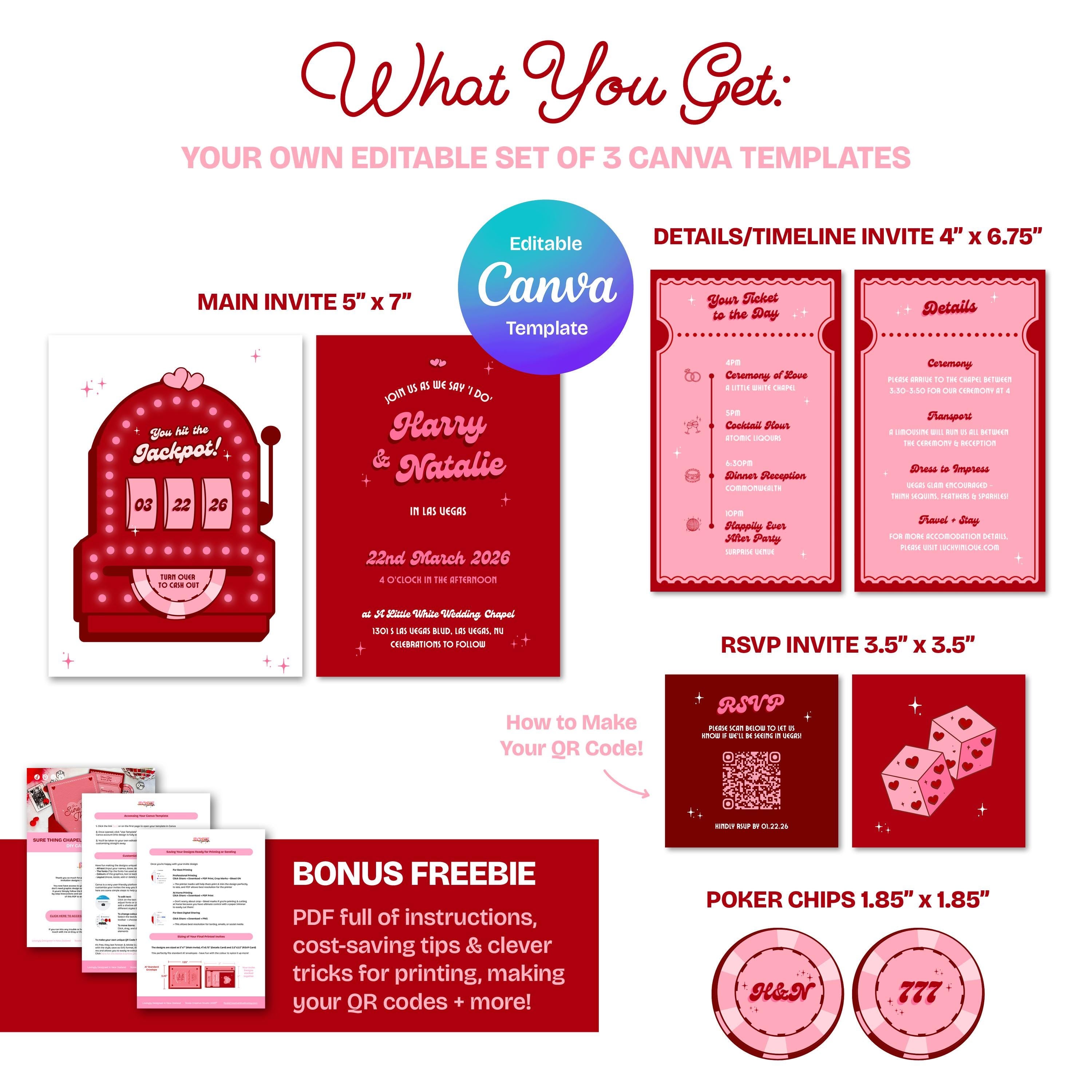 Retro Vegas Wedding Invitation Suite | DIY Template Set of 3 (Instant Download)