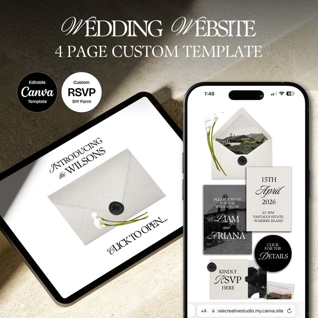 Ivory & Black Minimal Floral Wedding Website Template with RSVP: Editable Canva Design (Digital Download)