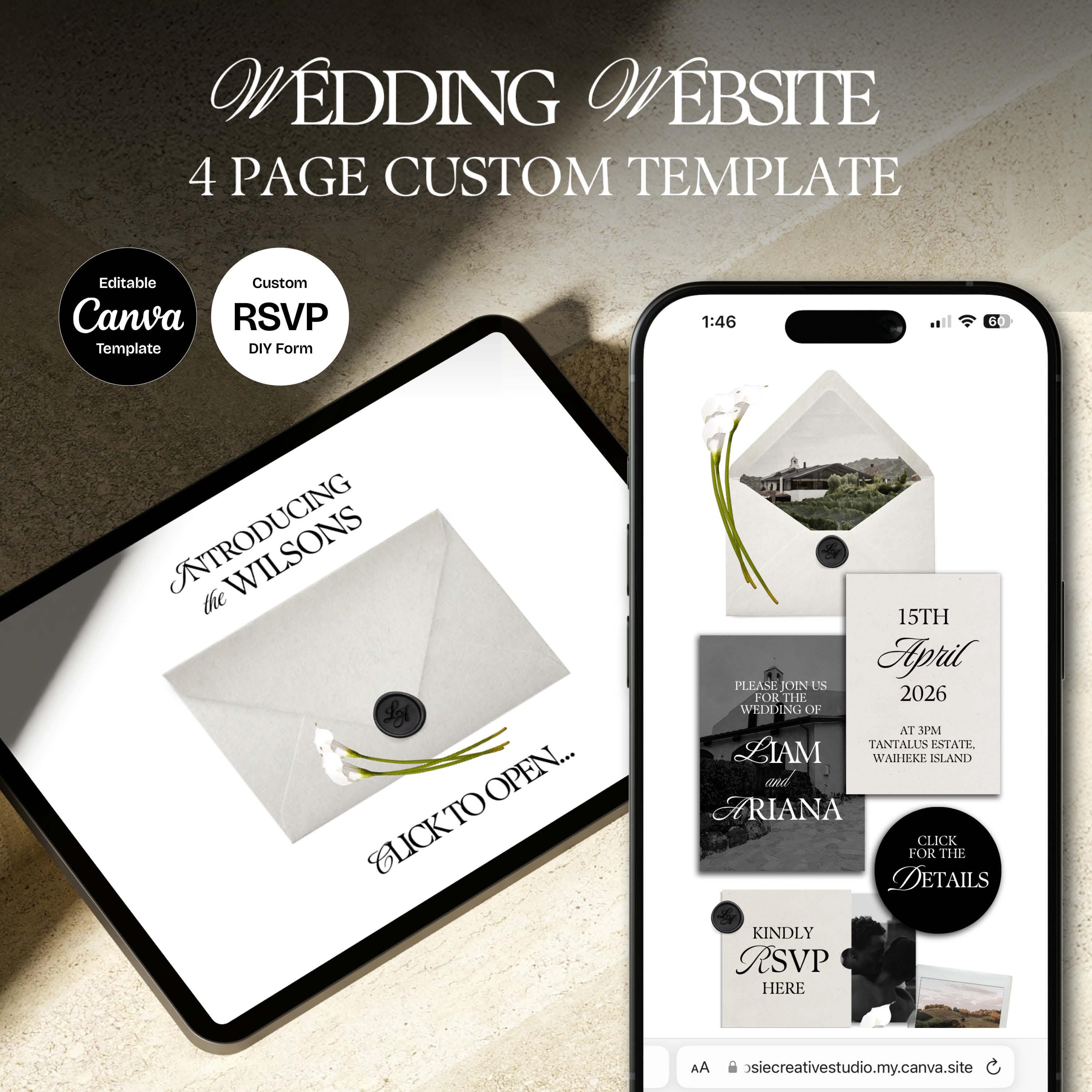Ivory & Black Minimal Floral Wedding Website Template with RSVP: Editable Canva Design (Digital Download)