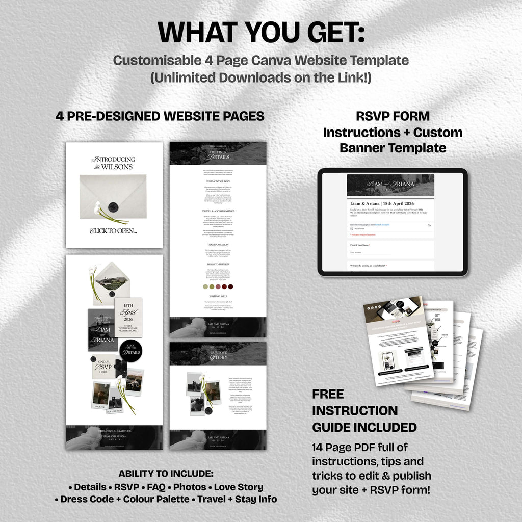 Ivory & Black Minimal Floral Wedding Website Template with RSVP: Editable Canva Design (Digital Download)