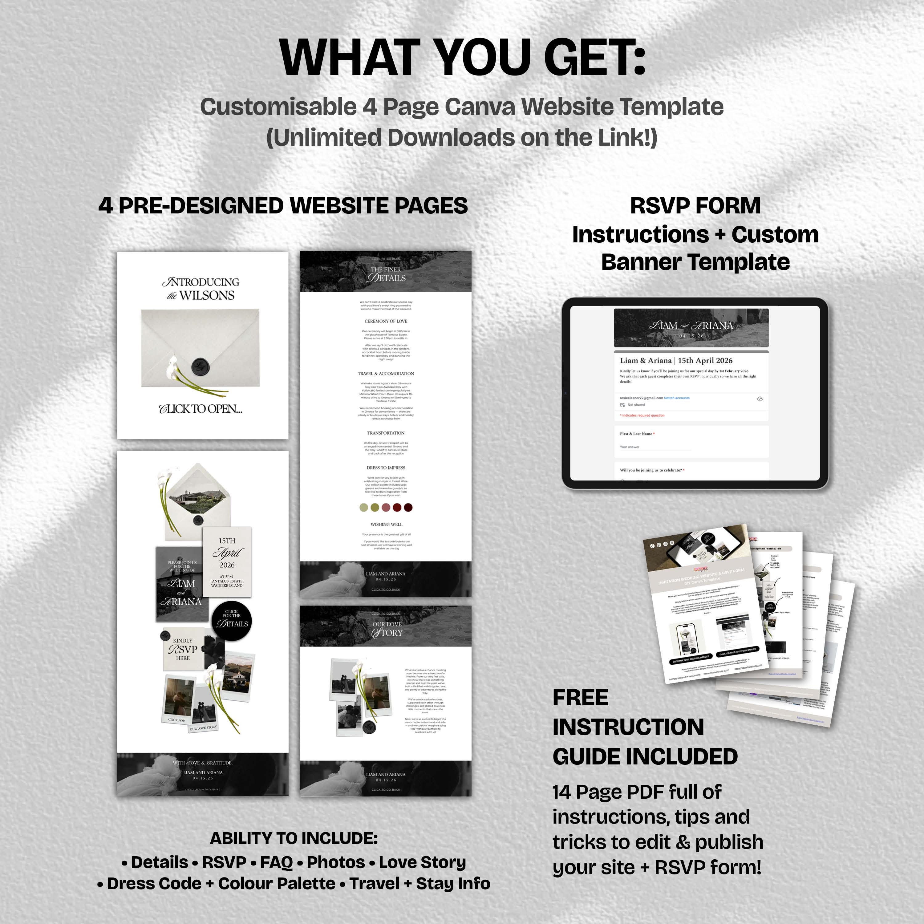 Ivory & Black Minimal Floral Wedding Website Template with RSVP: Editable Canva Design (Digital Download)