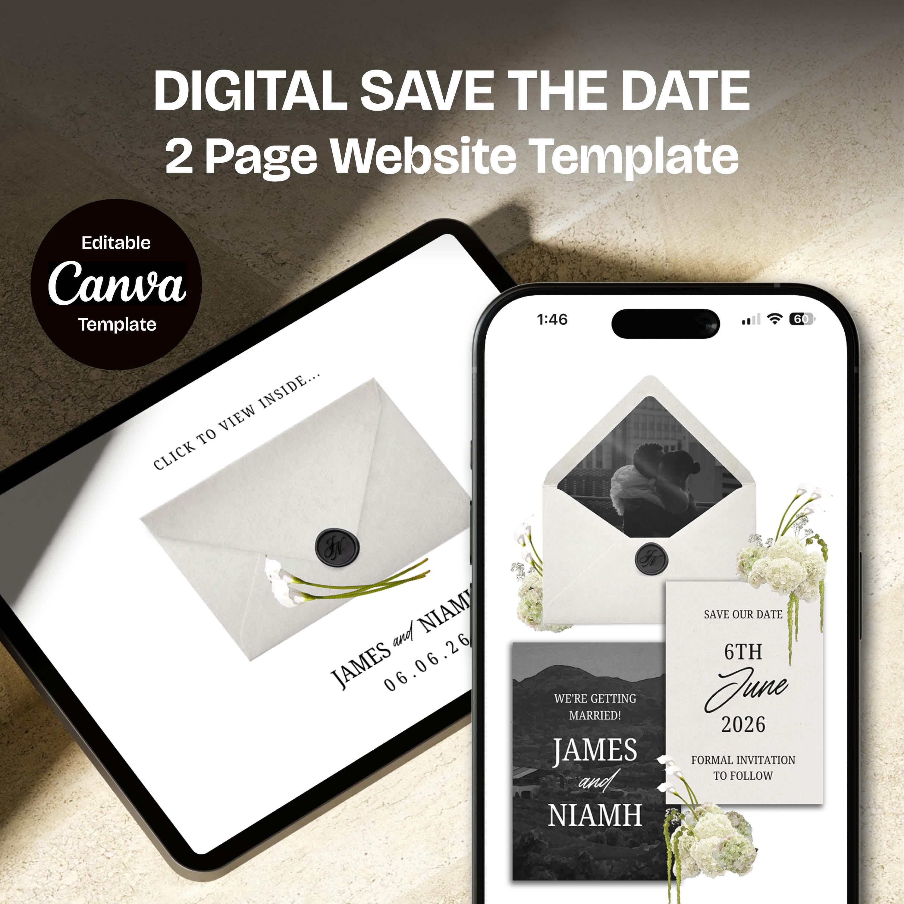 Ivory Black & Green Floral Save the Date Website: Canva Digital Invitation Template (Digital Download)