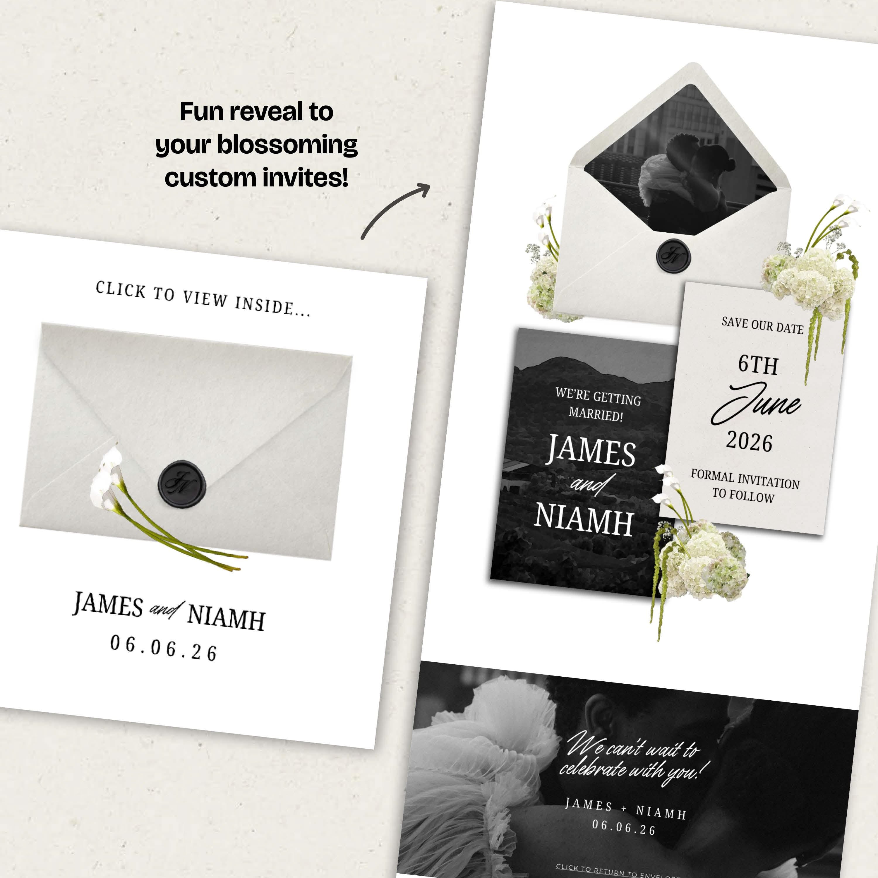 Ivory Black & Green Floral Save the Date Website: Canva Digital Invitation Template (Digital Download)