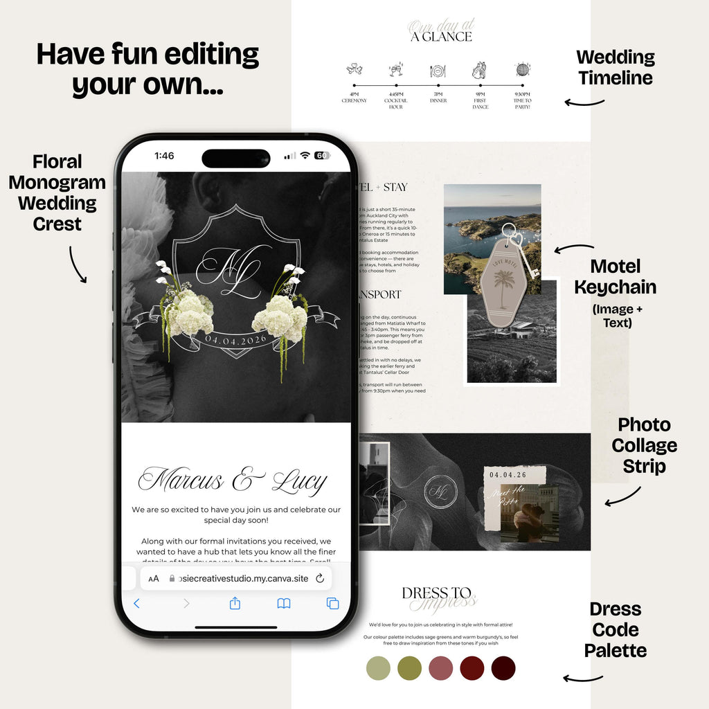 Neutral Black & Ivory Floral Wedding Website Template with RSVP: Editable Canva Design (Digital Download)