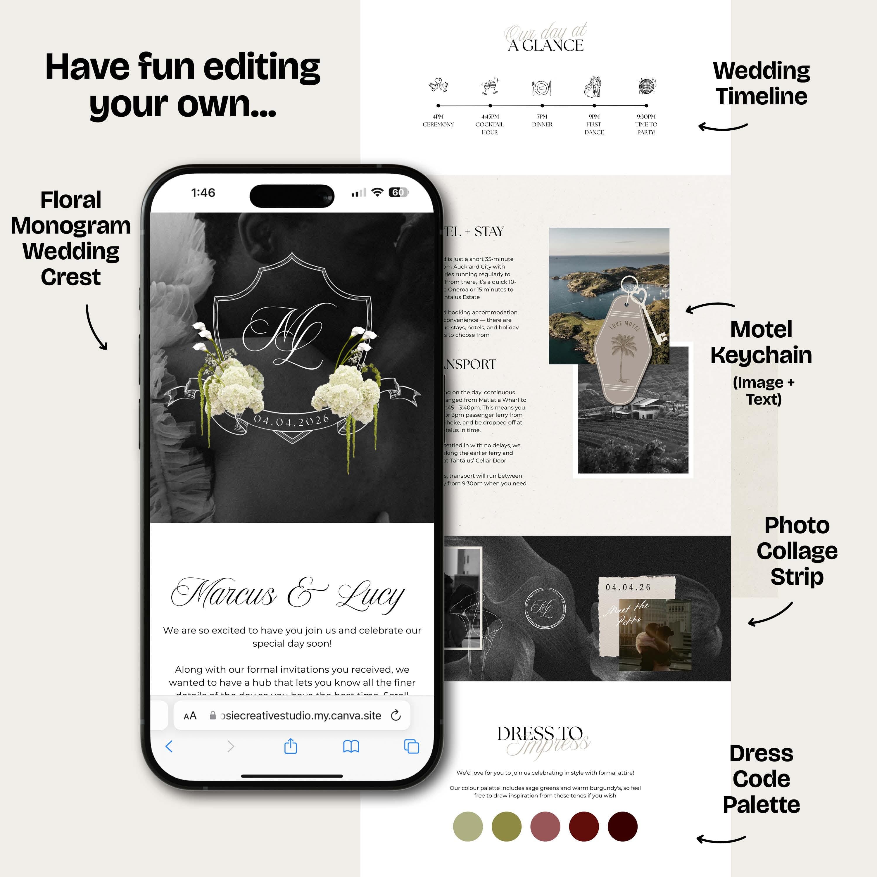 Neutral Black & Ivory Floral Wedding Website Template with RSVP: Editable Canva Design (Digital Download)