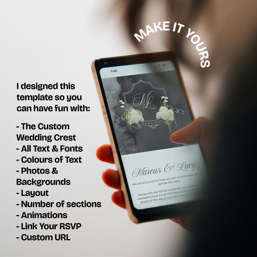 Neutral Black & Ivory Floral Wedding Website Template with RSVP: Editable Canva Design (Digital Download)
