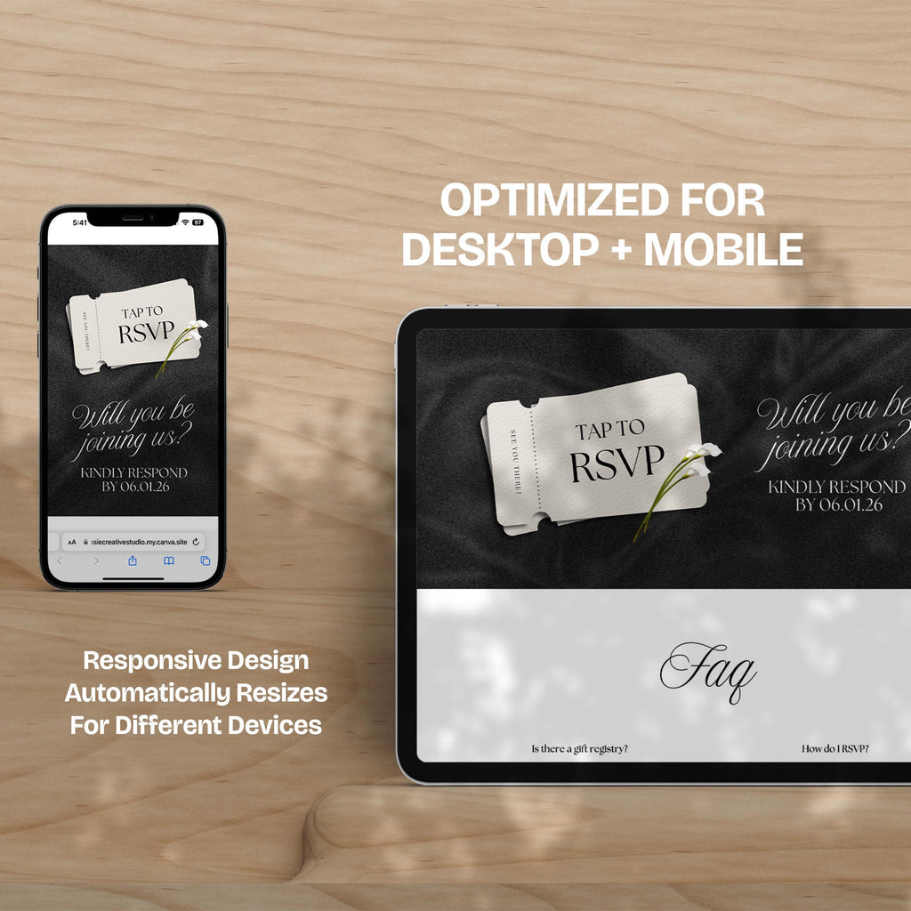 Neutral Black & Ivory Floral Wedding Website Template with RSVP: Editable Canva Design (Digital Download)
