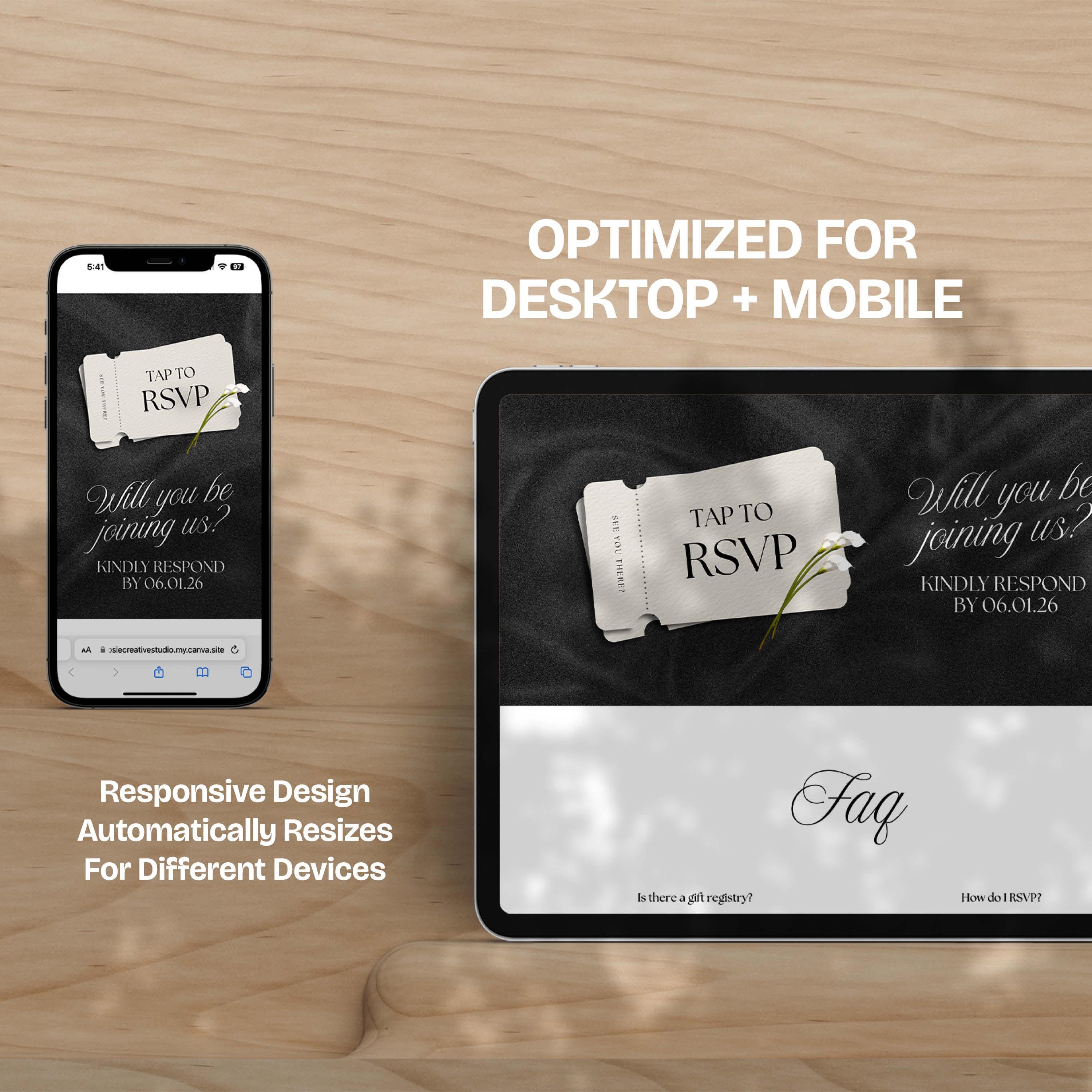 Neutral Black & Ivory Floral Wedding Website Template with RSVP: Editable Canva Design (Digital Download)