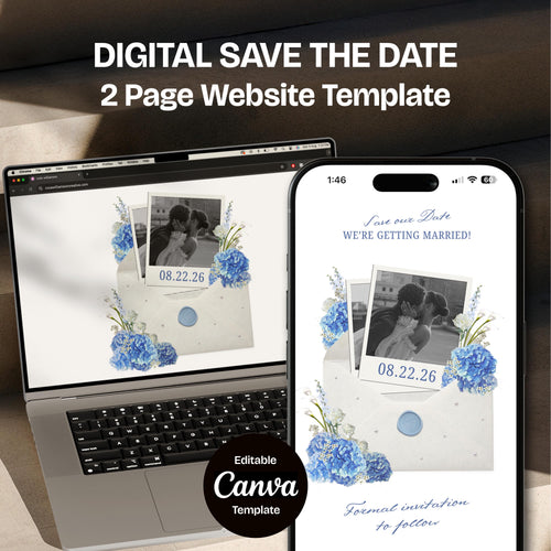 Blue Hydrangea Digital Save the Date Website: Canva Template