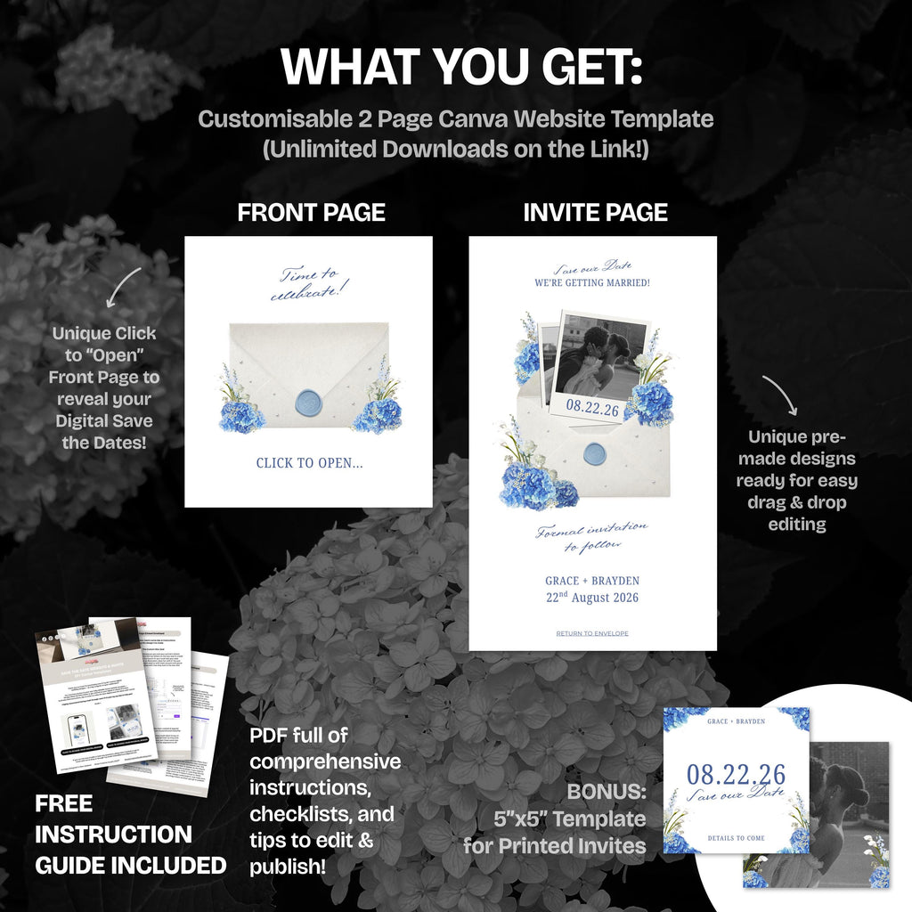 Blue Hydrangea Digital Save the Date Website: Canva Template