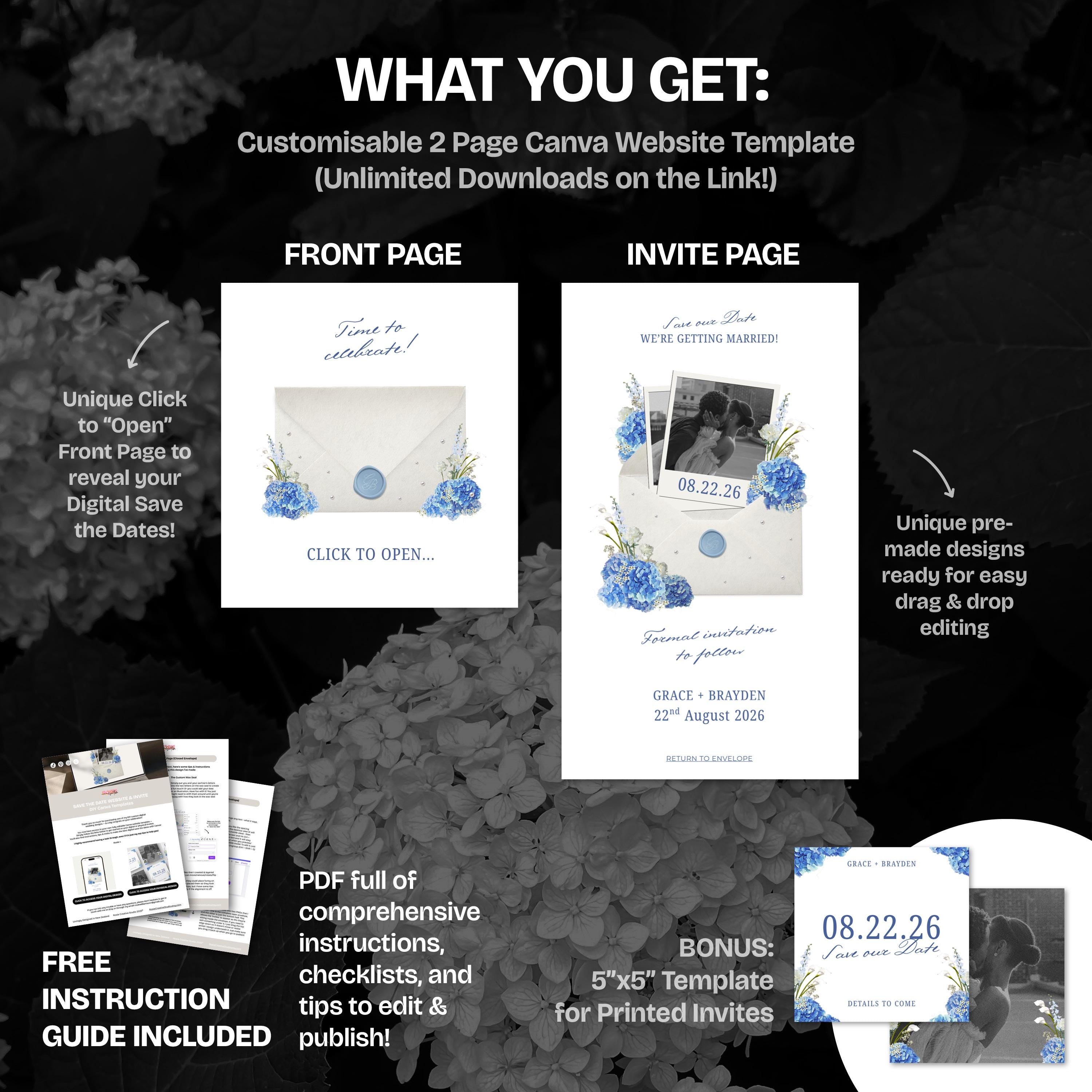Blue Hydrangea Digital Save the Date Website: Canva Template