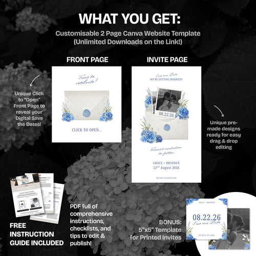 Blue Hydrangea Digital Save the Date Website: Canva Template
