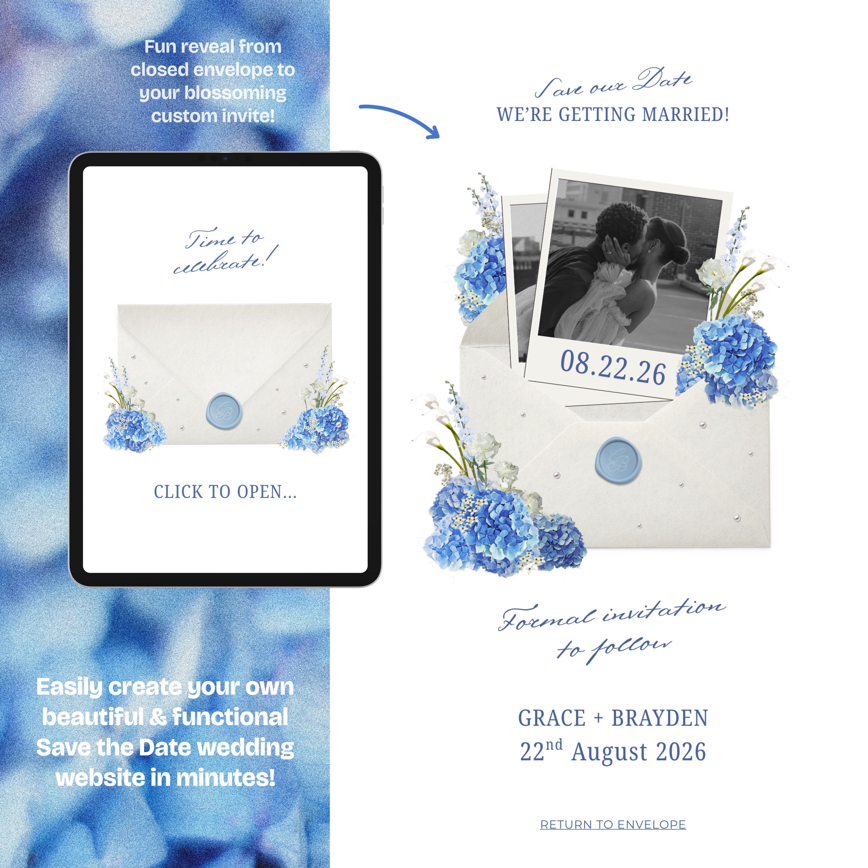 Blue Hydrangea Digital Save the Date Website: Canva Template