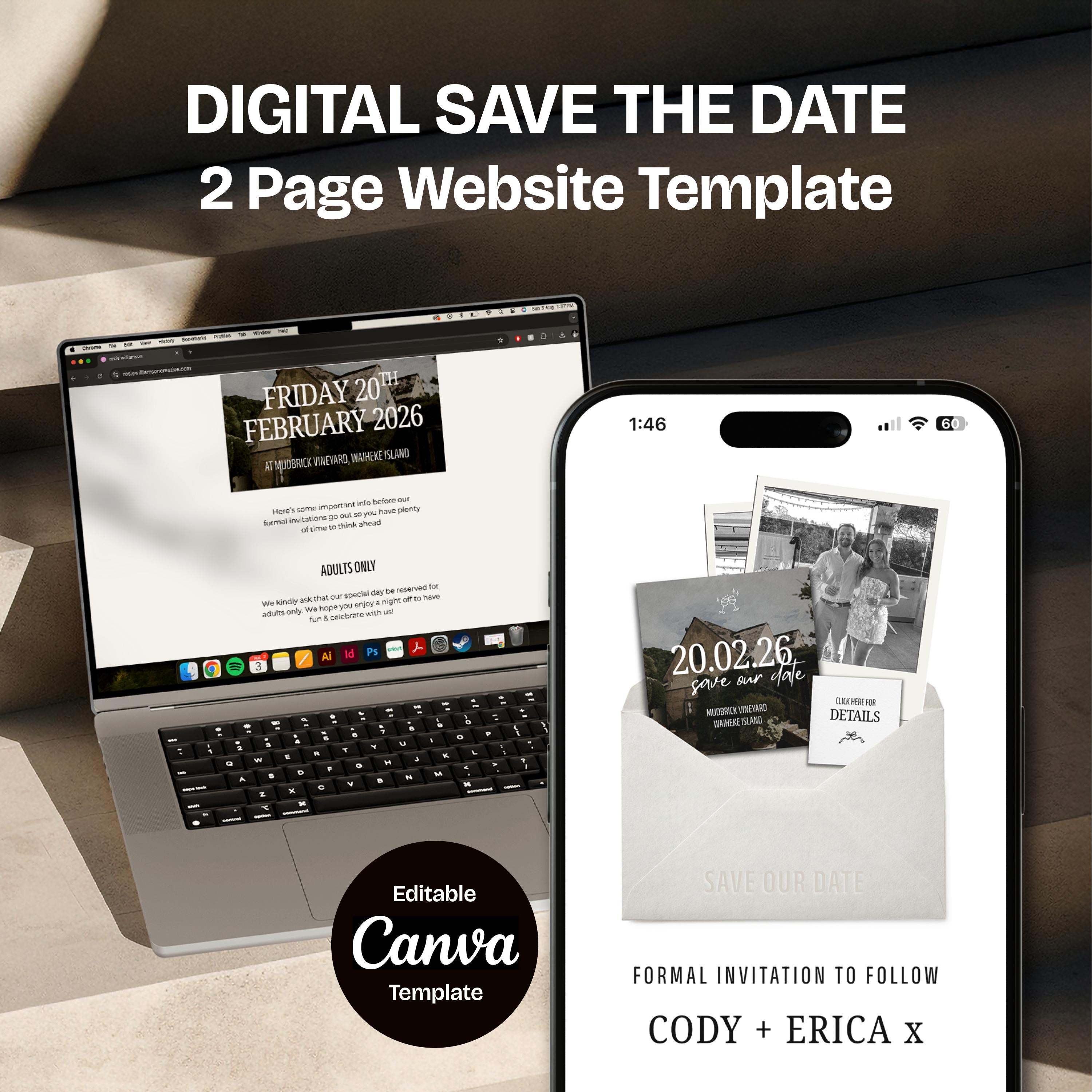 Minimalist Ivory Save the Date Website with Details Page: Canva Digital Invitation Template (Digital Download)
