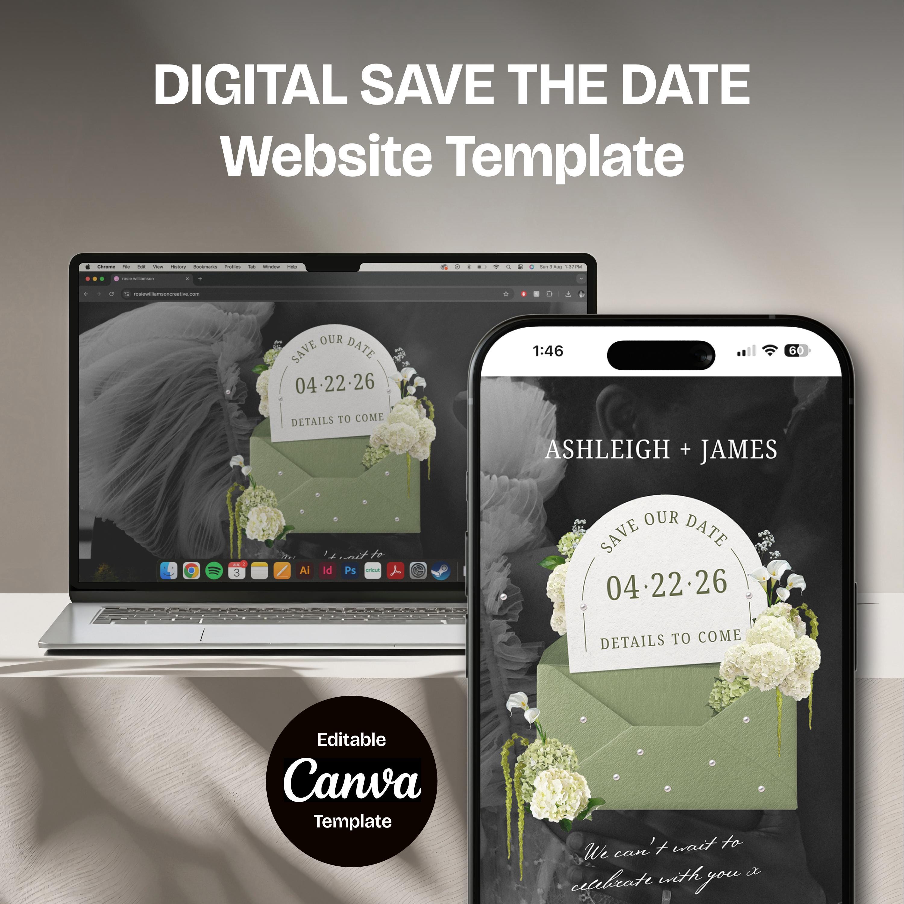 Sage Floral Save the Date Website: Canva Digital Invitation Template (Digital Download)