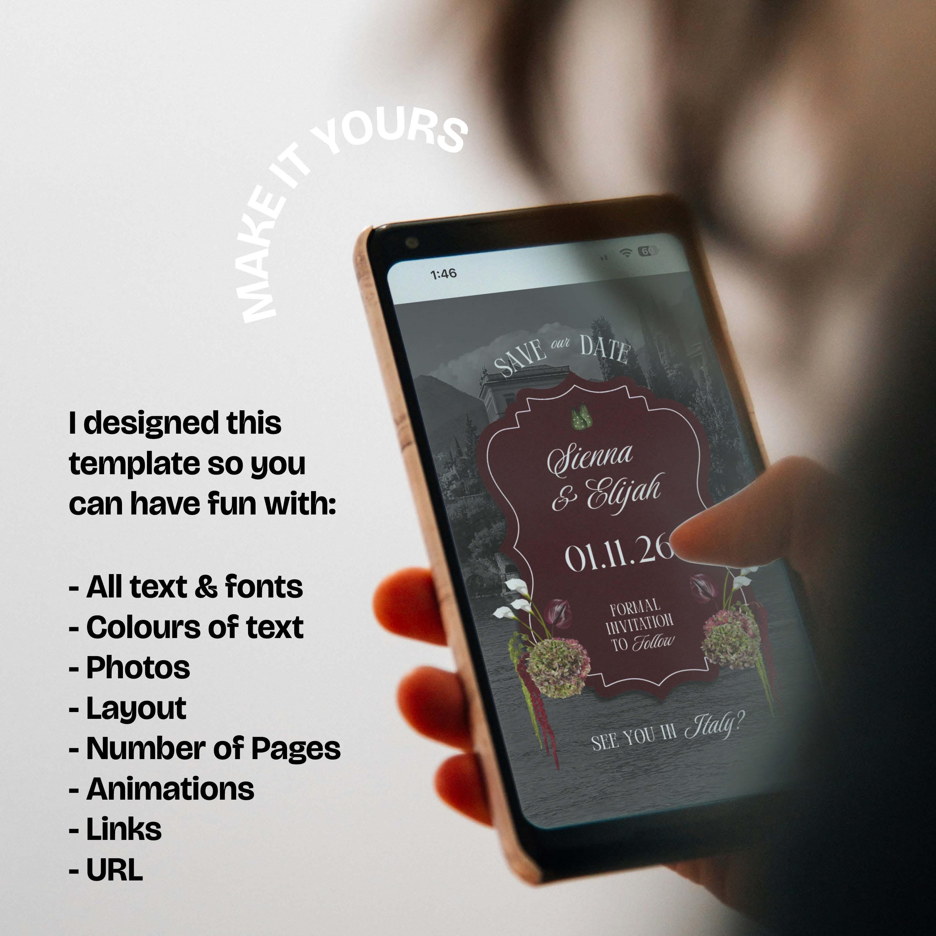 Burgundy Floral Save the Date Website: Canva Digital Invitation Template (Digital Download)