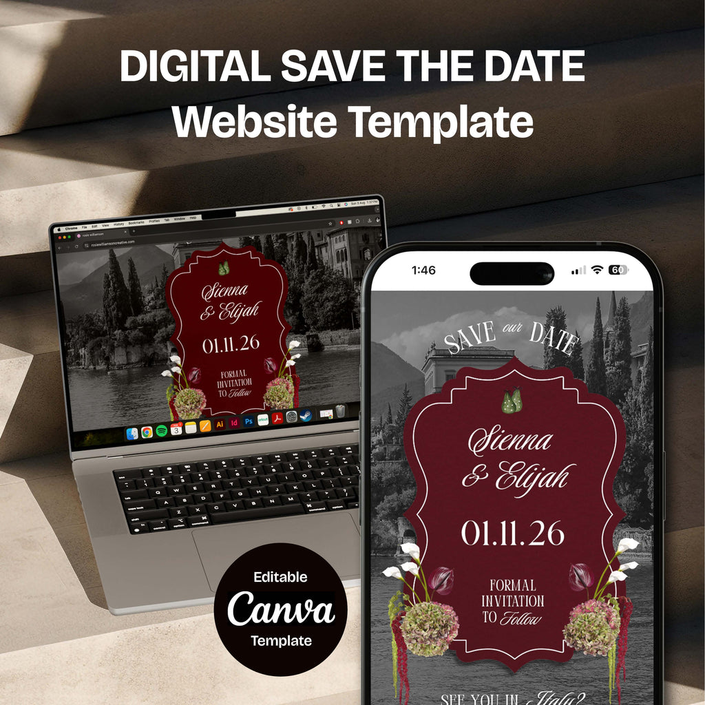Burgundy Floral Save the Date Website: Canva Digital Invitation Template (Digital Download)