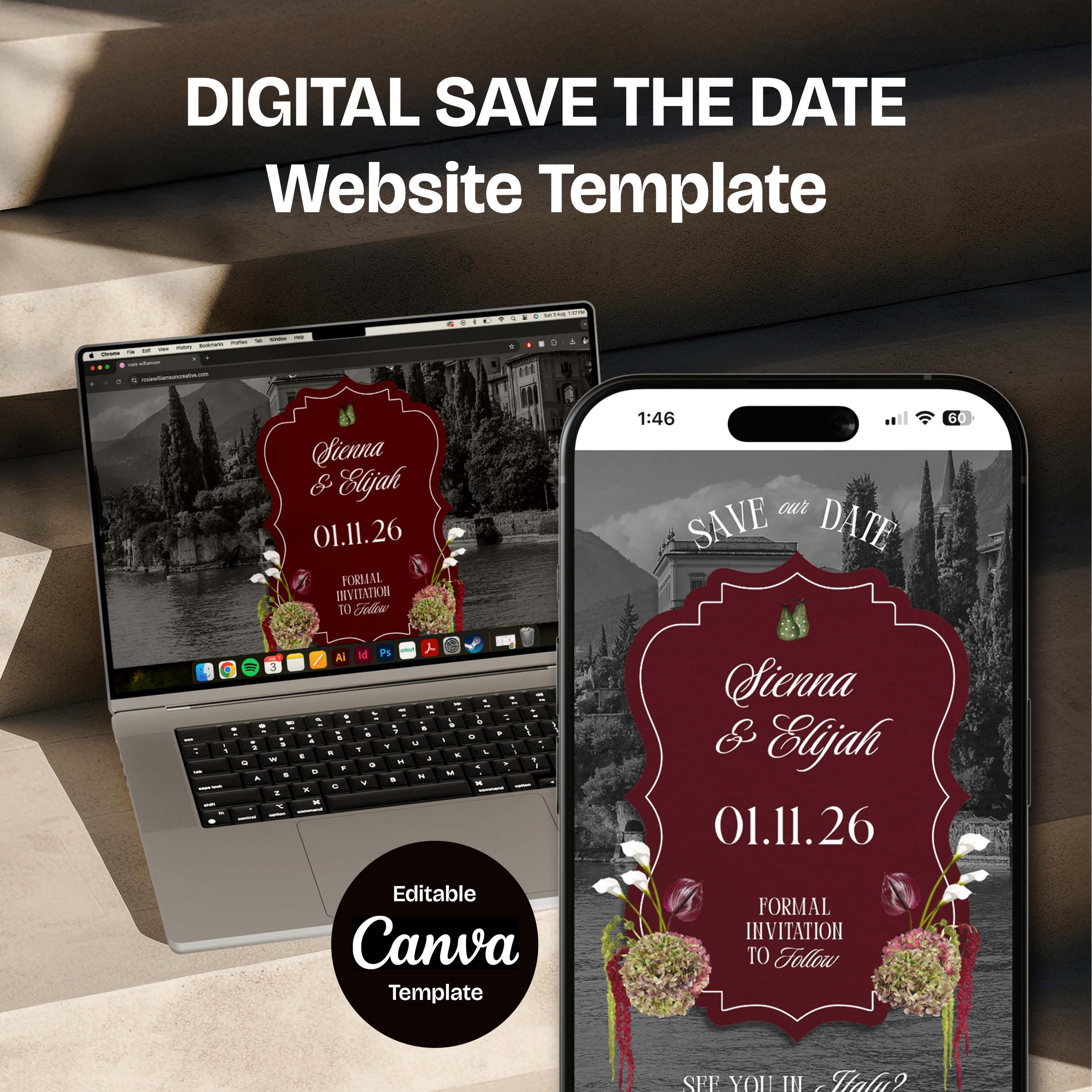 Burgundy Floral Save the Date Website: Canva Digital Invitation Template (Digital Download)