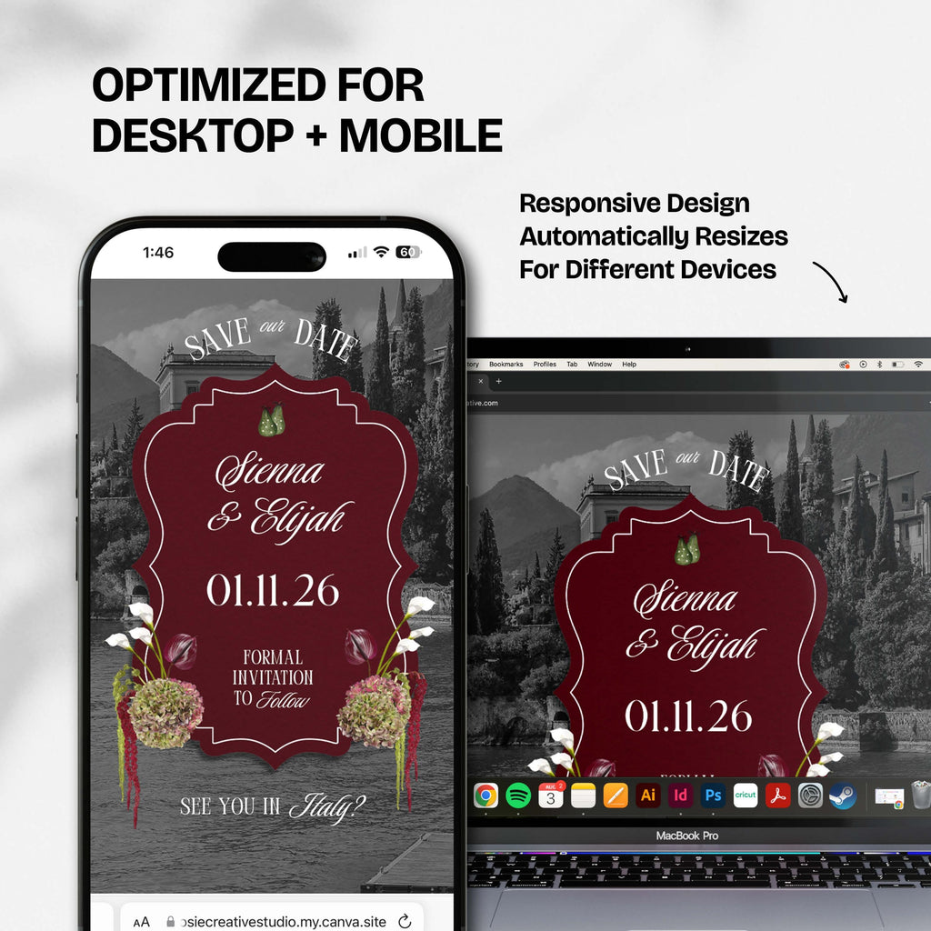Burgundy Floral Save the Date Website: Canva Digital Invitation Template (Digital Download)