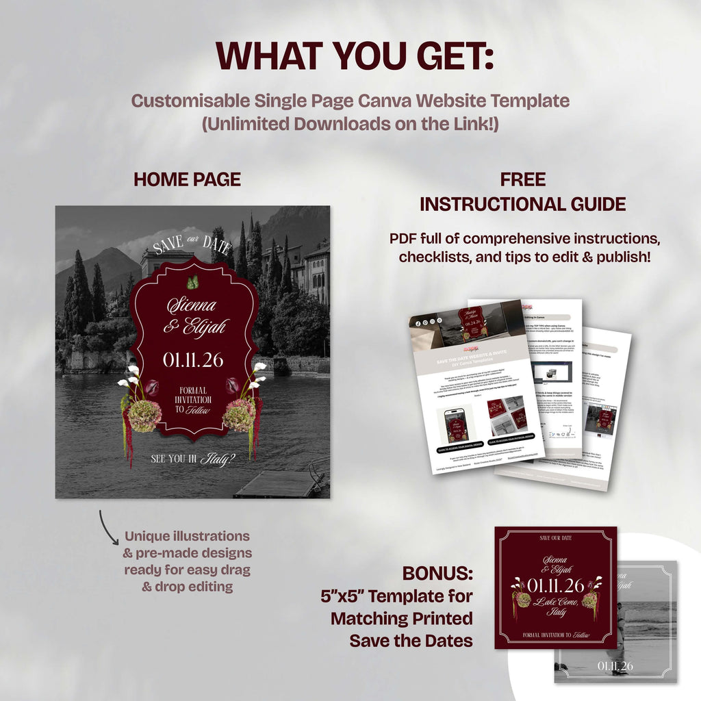 Burgundy Floral Save the Date Website: Canva Digital Invitation Template (Digital Download)