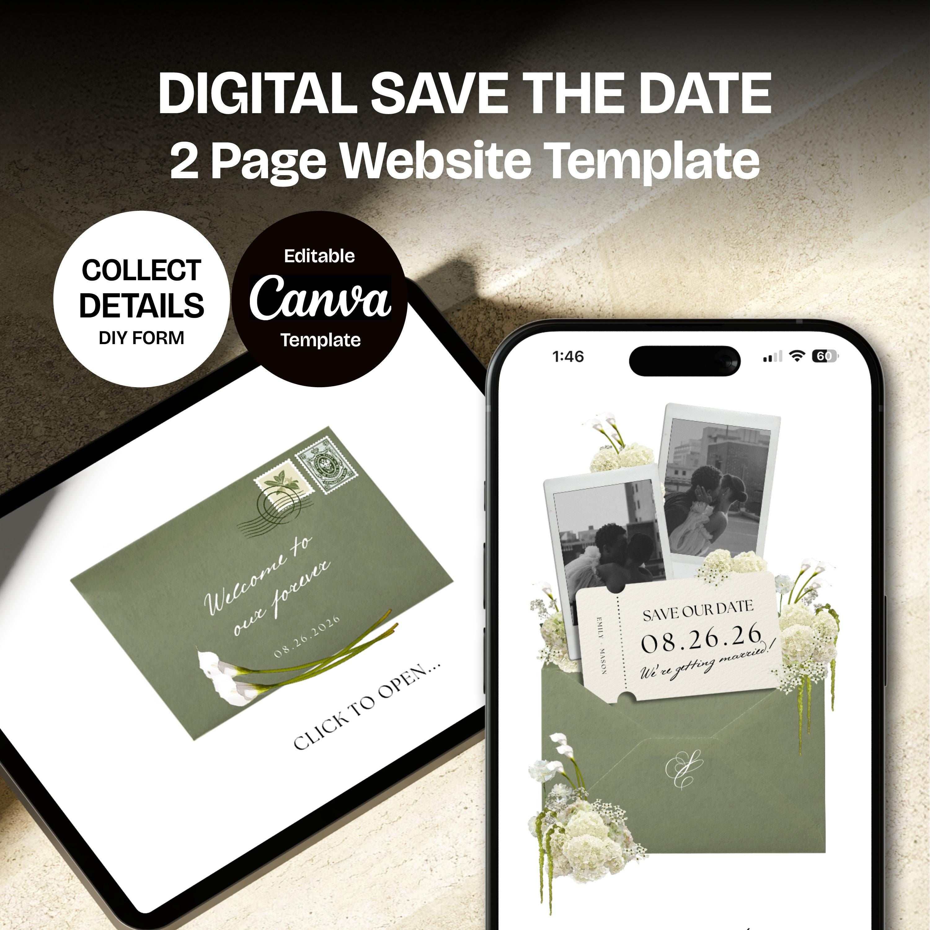 Sage Floral Save the Date Website with RSVP/Details: Canva Digital Invitation Template (Digital Download)