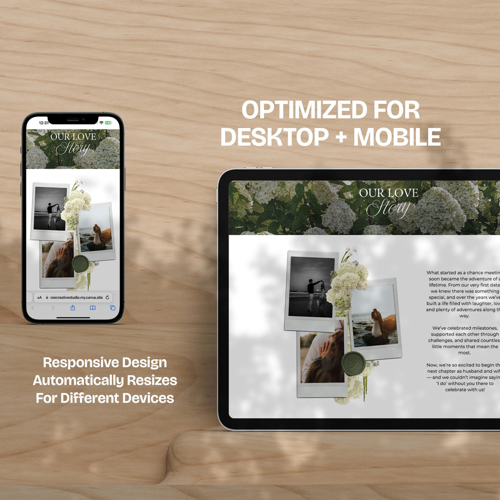 Green Tone Floral Wedding Website Template with RSVP: Editable Canva Design (Digital Download)