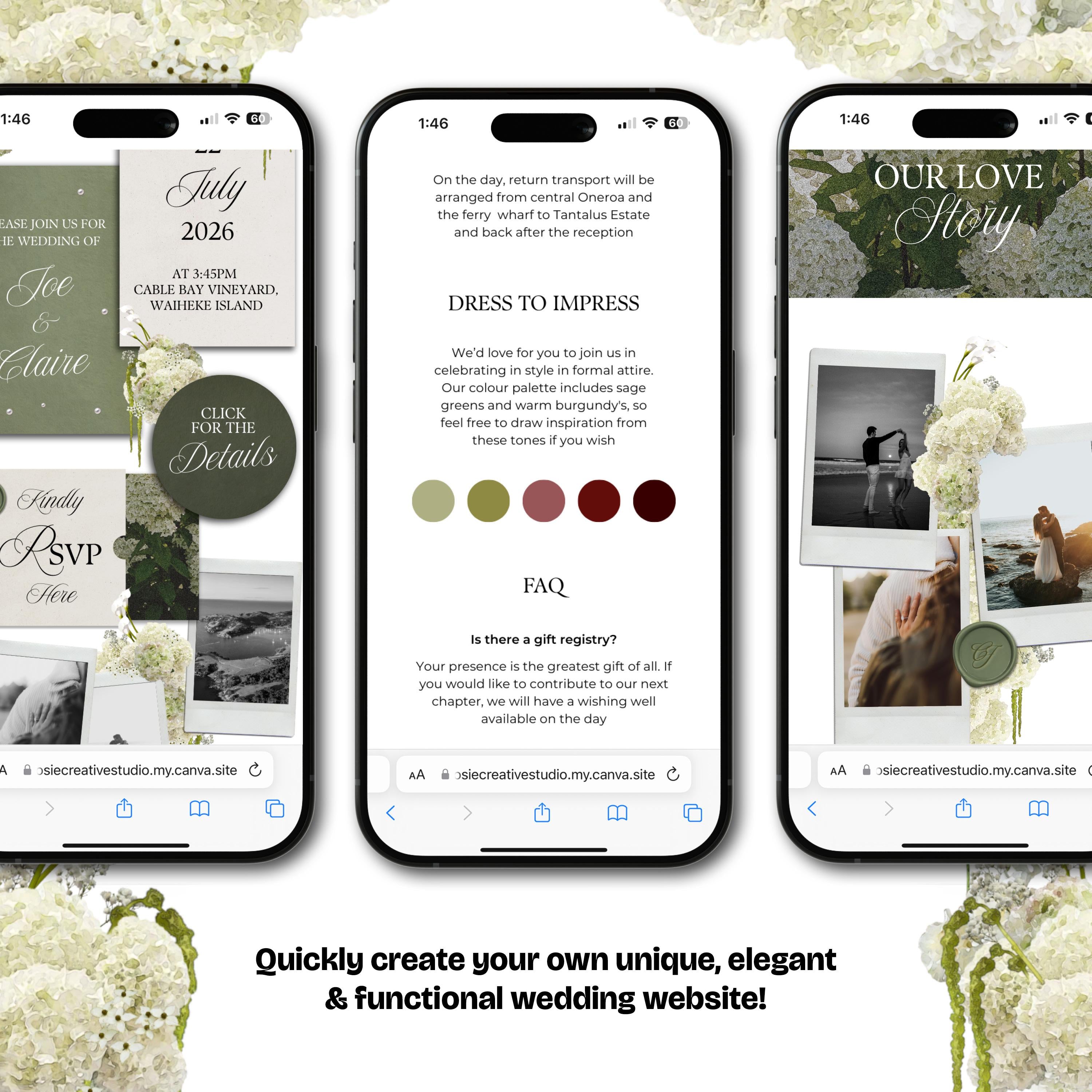 Green Tone Floral Wedding Website Template with RSVP: Editable Canva Design (Digital Download)