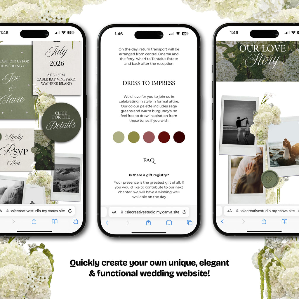 Green Tone Floral Wedding Website Template with RSVP: Editable Canva Design (Digital Download)
