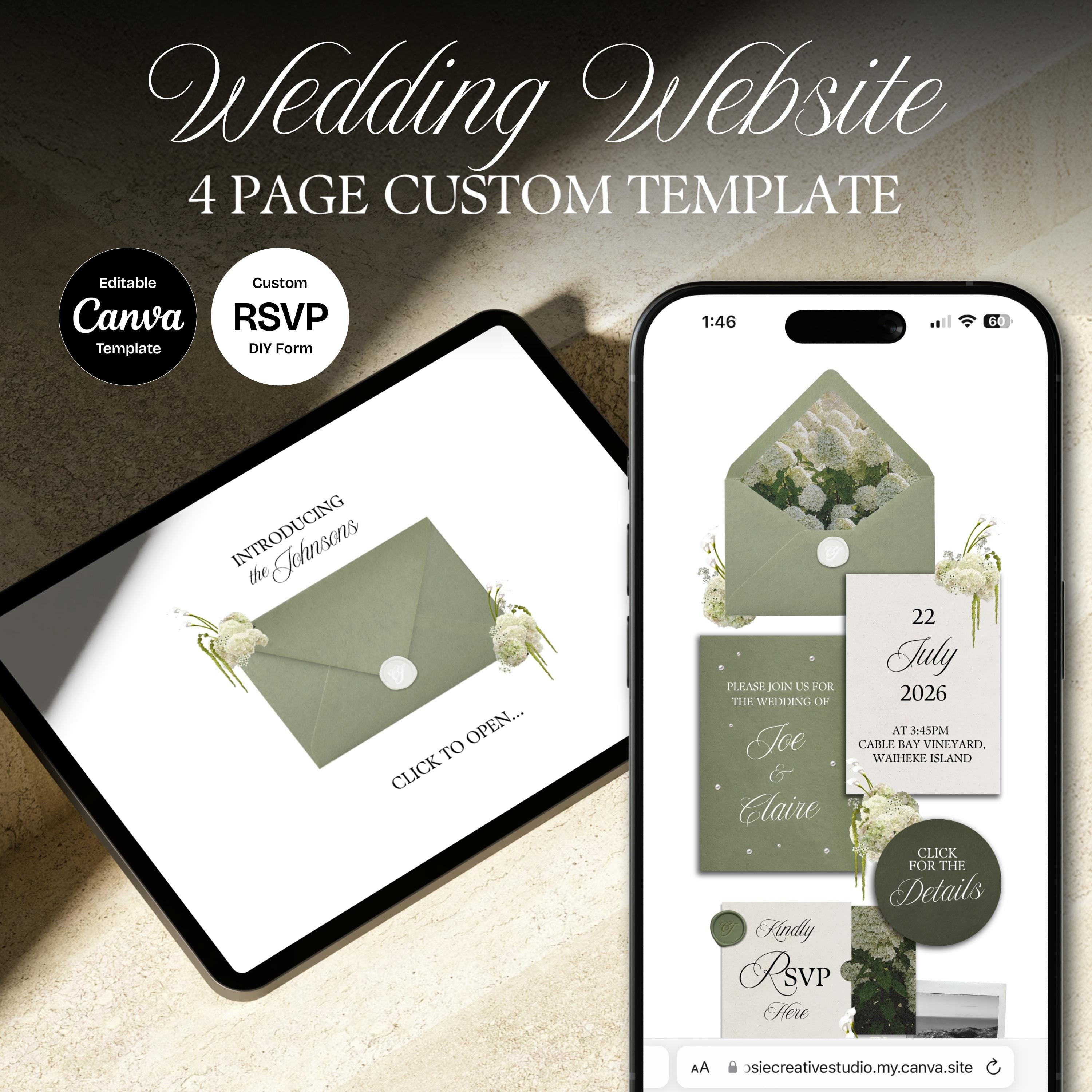 Green Tone Floral Wedding Website Template with RSVP: Editable Canva Design (Digital Download)