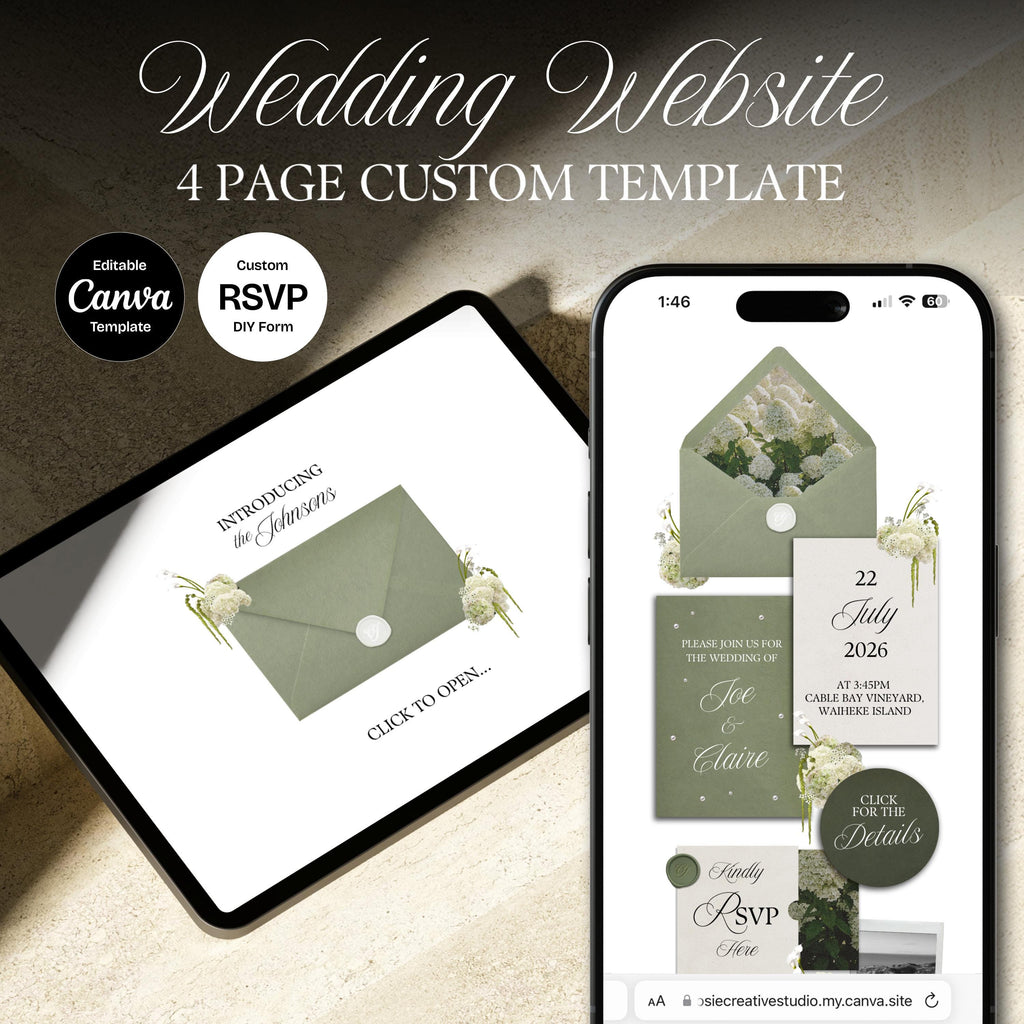 Green Tone Floral Wedding Website Template with RSVP: Editable Canva Design (Digital Download)