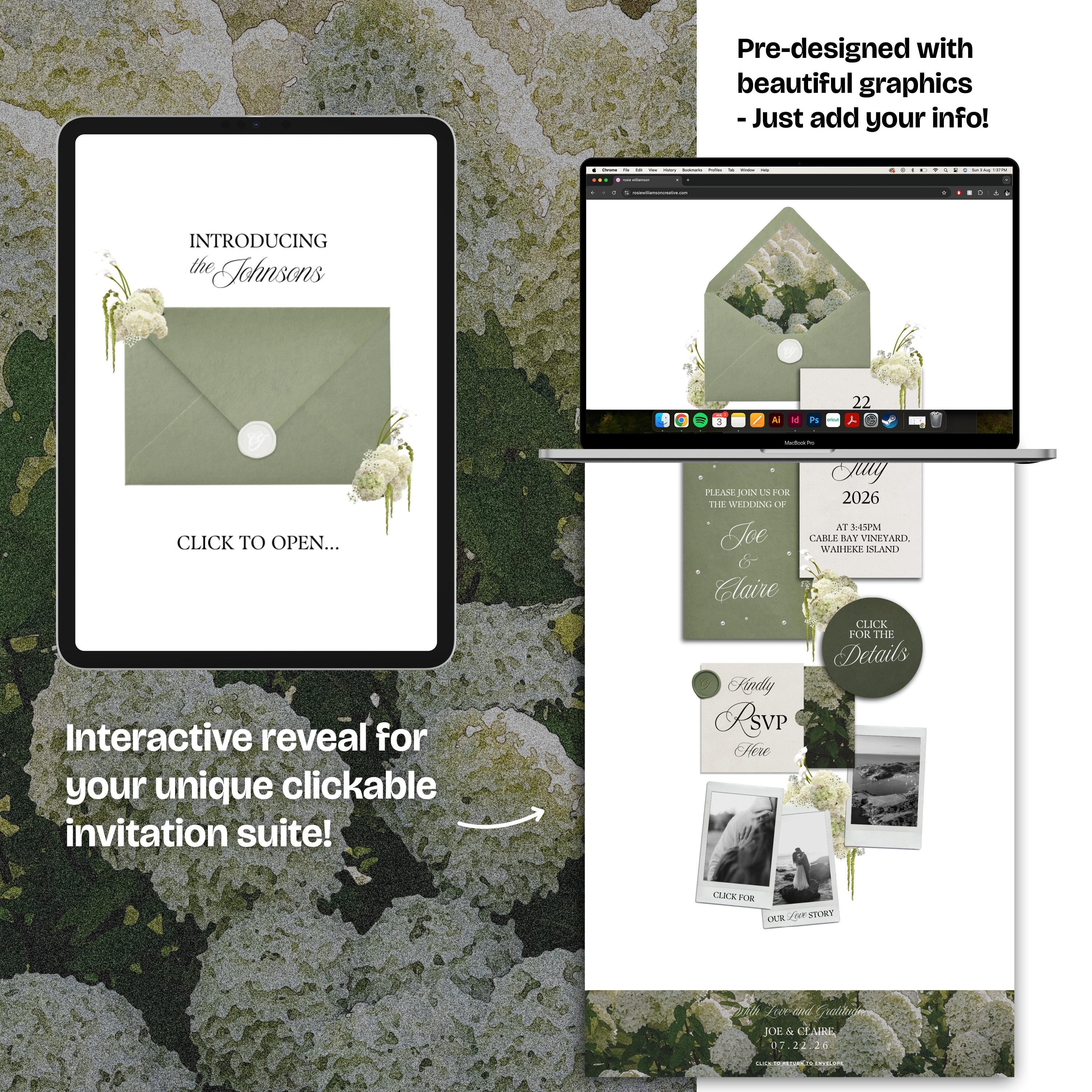 Green Tone Floral Wedding Website Template with RSVP: Editable Canva Design (Digital Download)