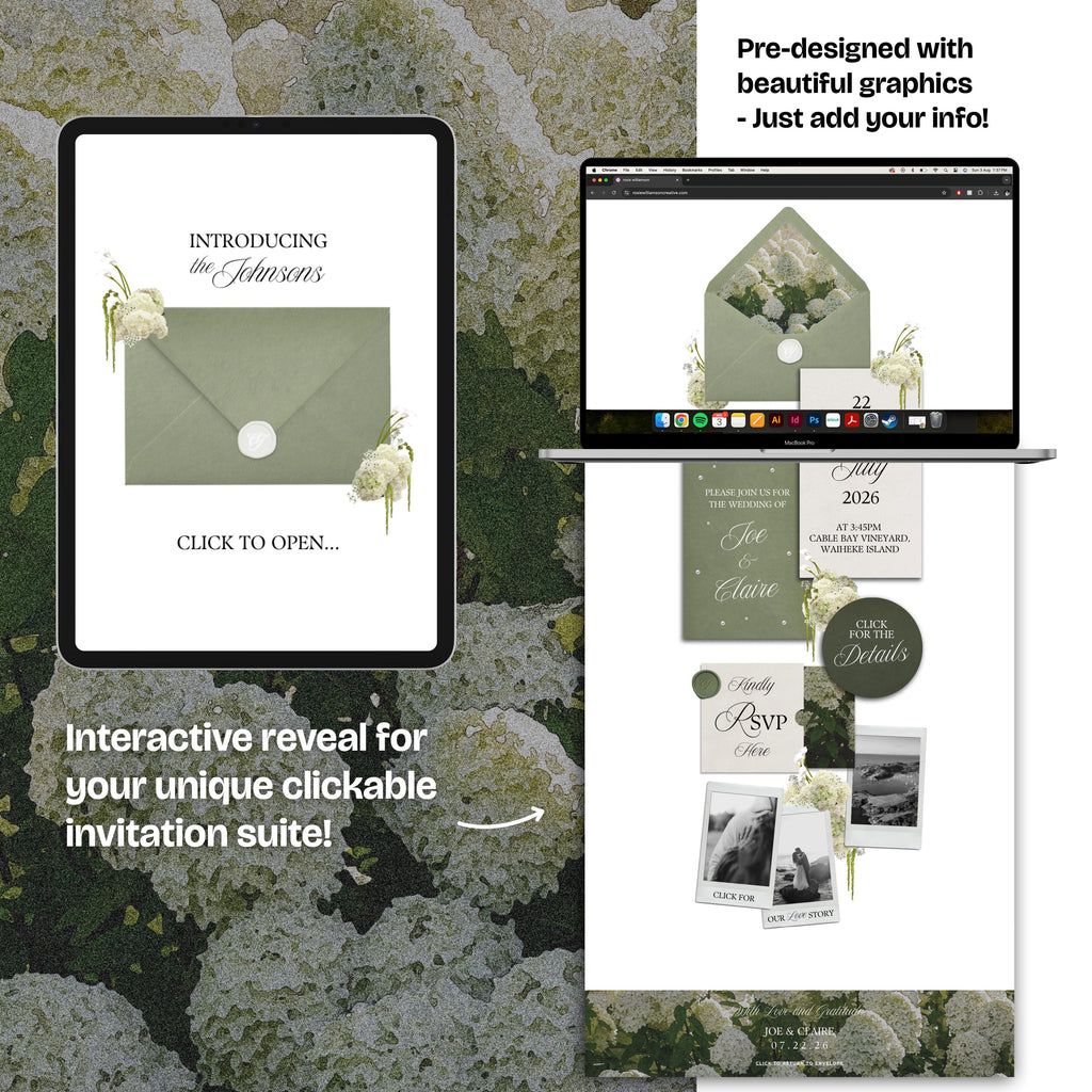 Green Tone Floral Wedding Website Template with RSVP: Editable Canva Design (Digital Download)