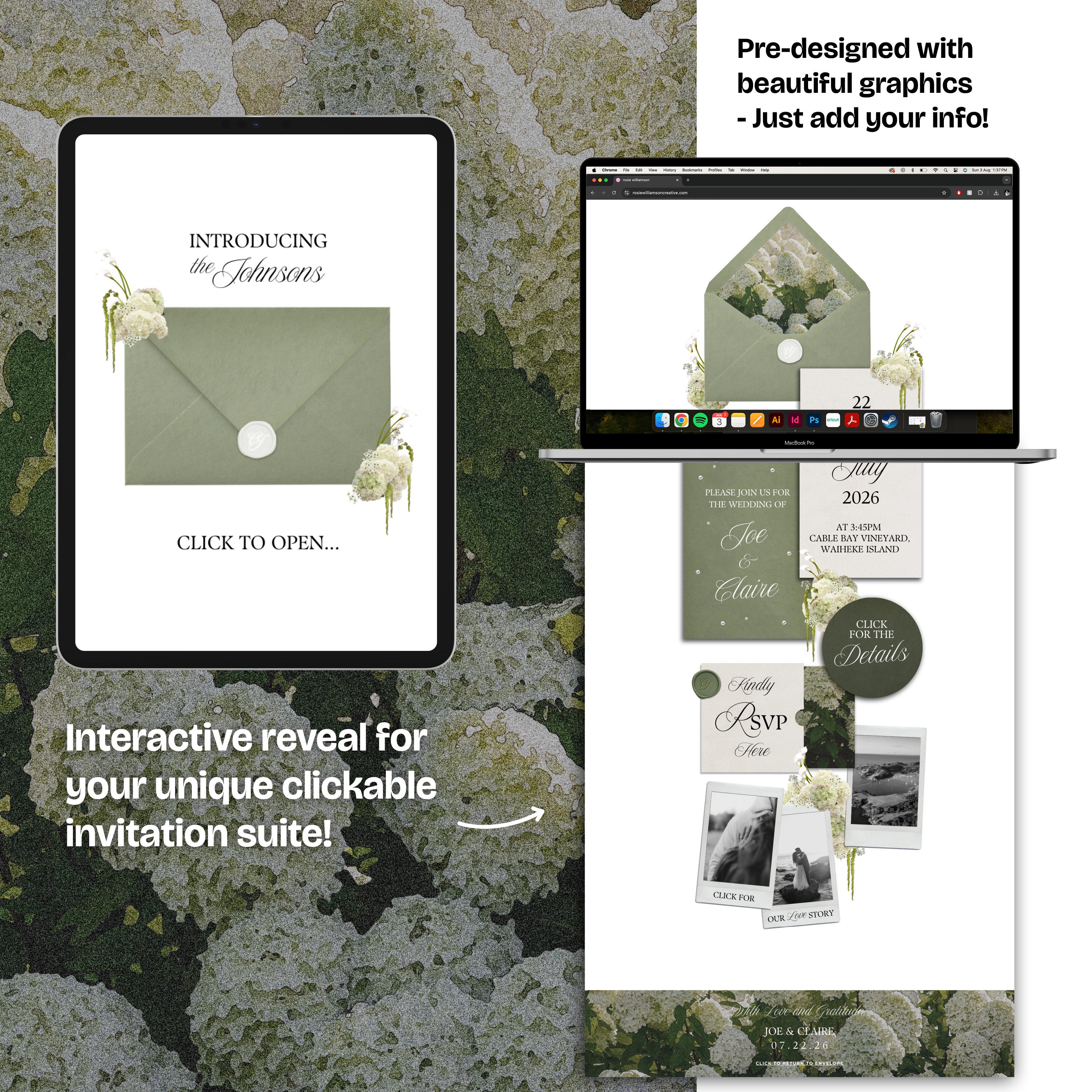 Green Tone Floral Wedding Website Template with RSVP: Editable Canva Design (Digital Download)