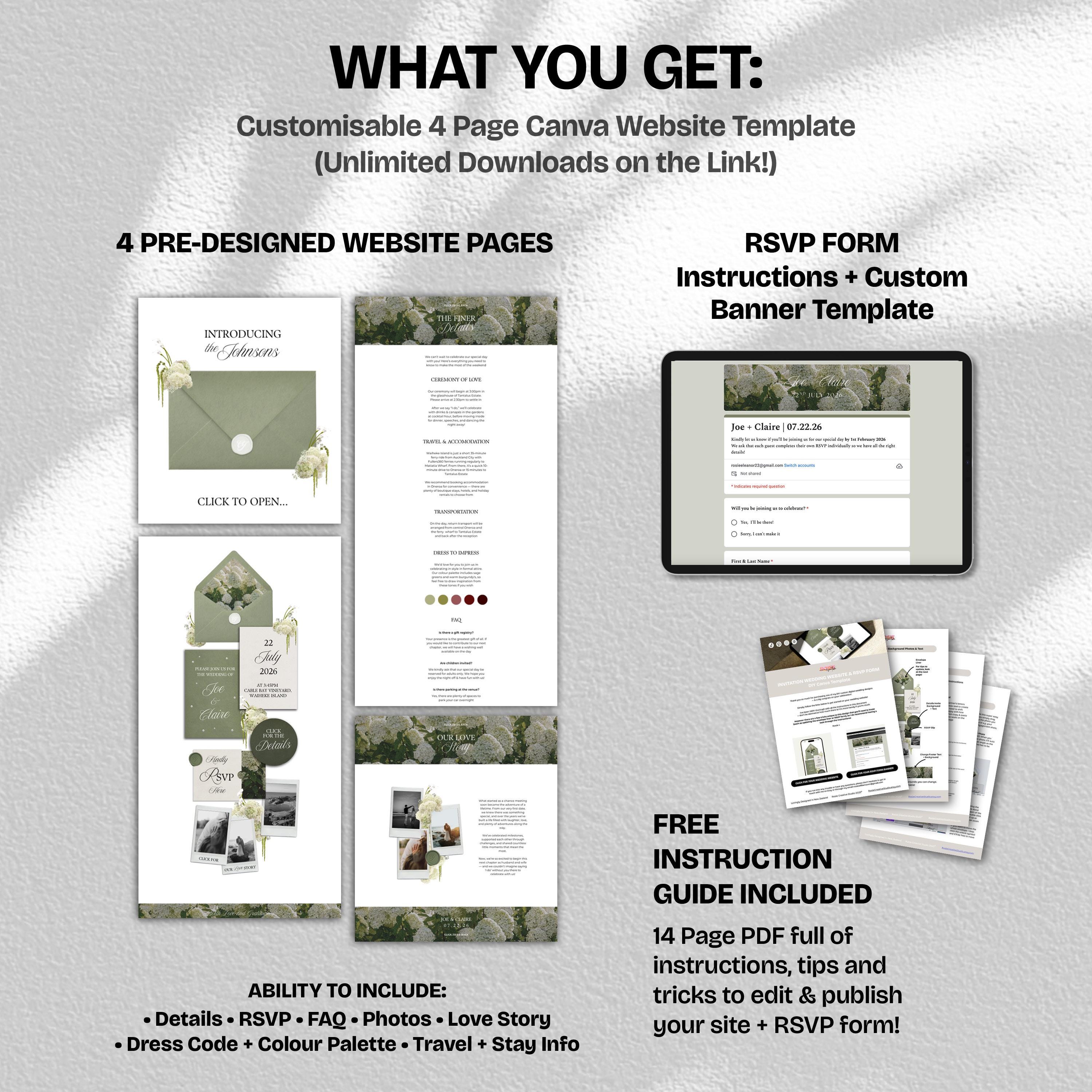 Green Tone Floral Wedding Website Template with RSVP: Editable Canva Design (Digital Download)